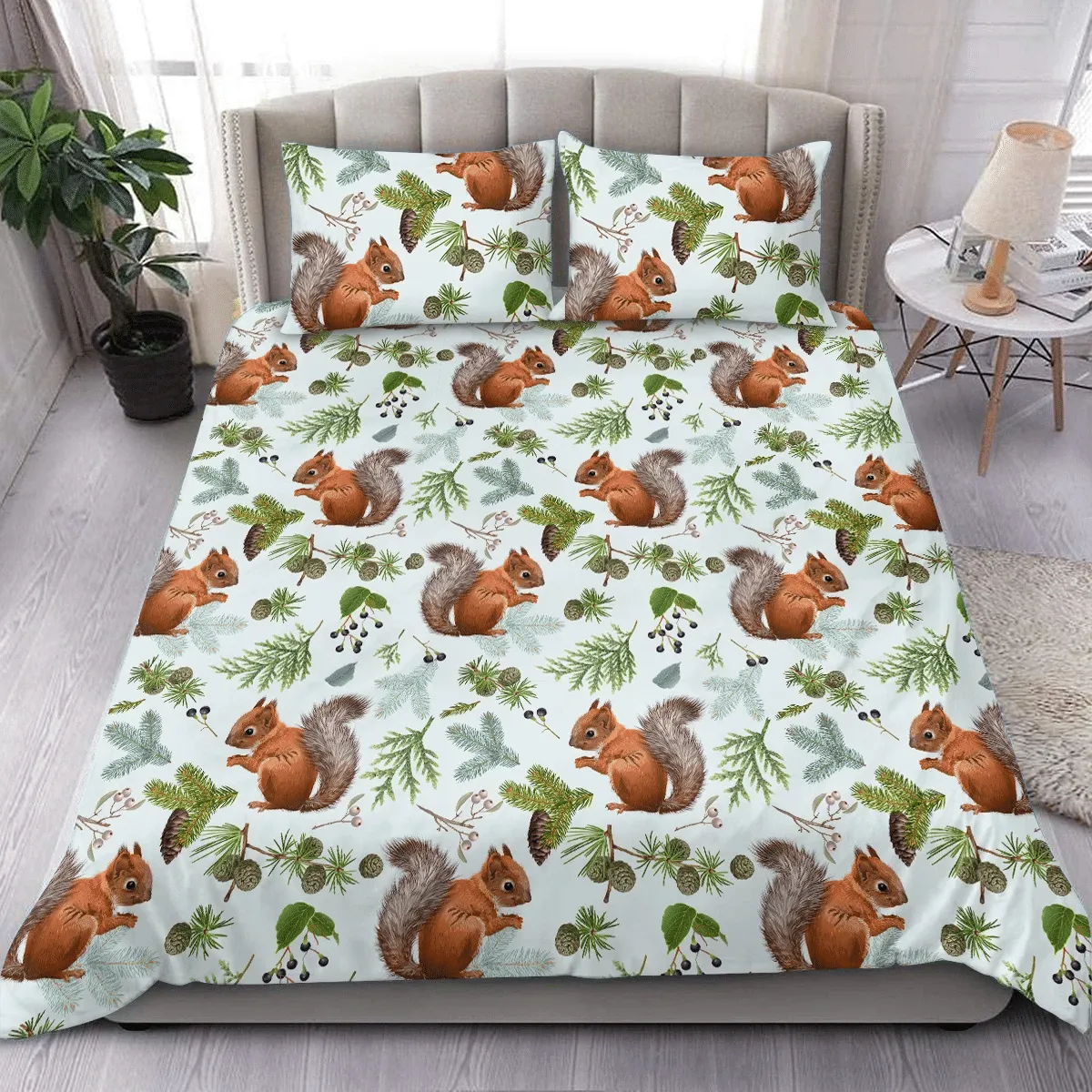 Cute Squirrel Forest Pine Branches Pattern Christmas Duvet Cover Bedding Set Bedroom Decor