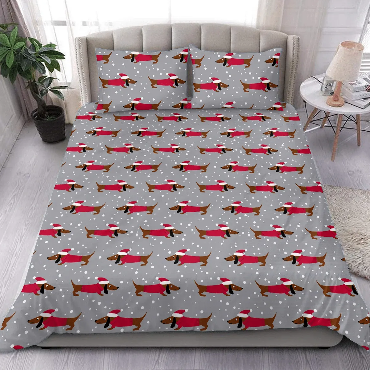 Dachshund In A Christmas Hat And Sweater Duvet Cover Bedding Set Bedroom Decor