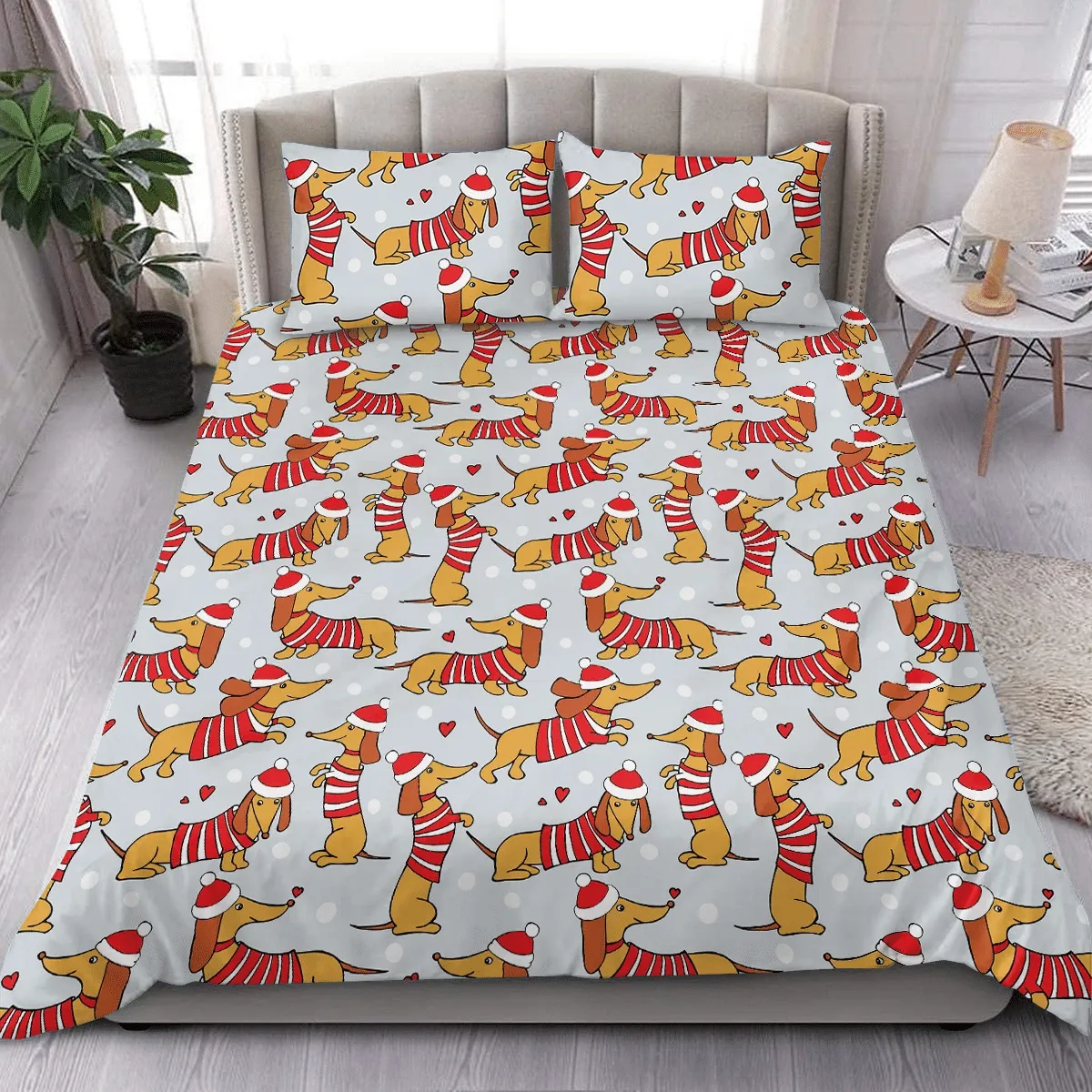 Dachshund In Santa Hats And Striped Jersey Christmas Duvet Cover Bedding Set Bedroom Decor