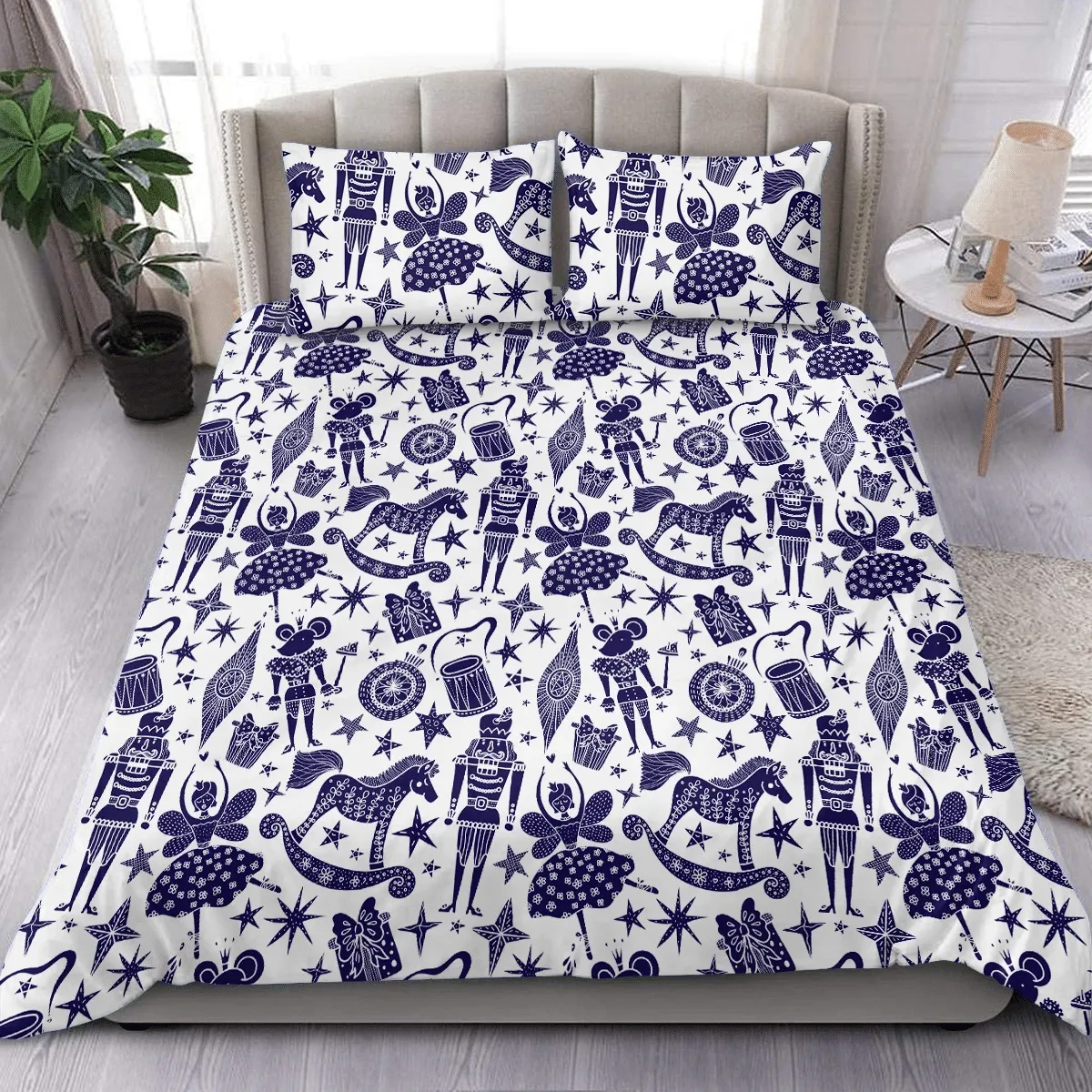 Dark Blue And White Nutcracker And Ballerina Horse Star Christmas Duvet Cover Bedding Set Bedroom Decor