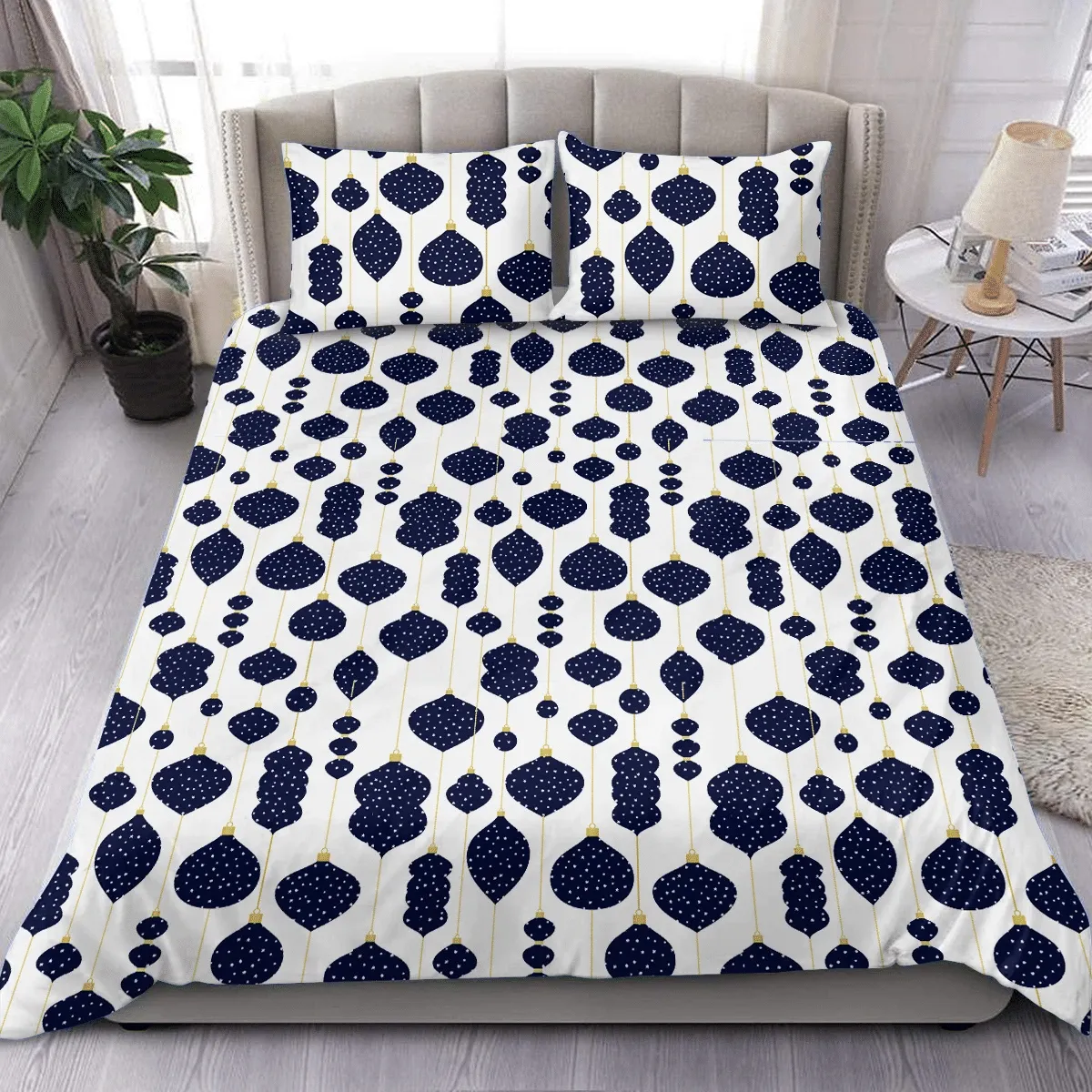 Dark Blue Starry Decorative Ornamental Crystal Balls Pattern Christmas Duvet Cover Bedding Set Bedroom Decor