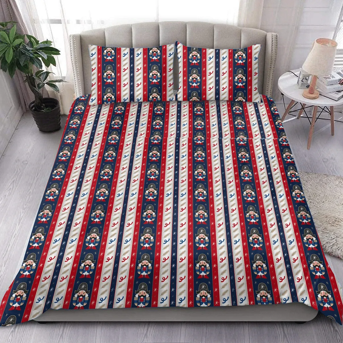 Decorative Striped Winter Pattern Elements In Nany Red White Nutcrackers Christmas Duvet Cover Bedding Set Bedroom Decor