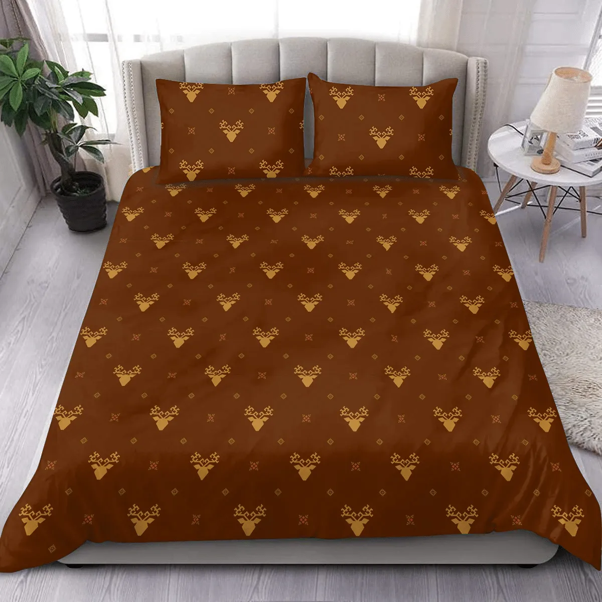 Deer Berries And Rhombuses Brown Geometric In Ethnic Style Christmas Duvet Cover Bedding Set Bedroom Decor