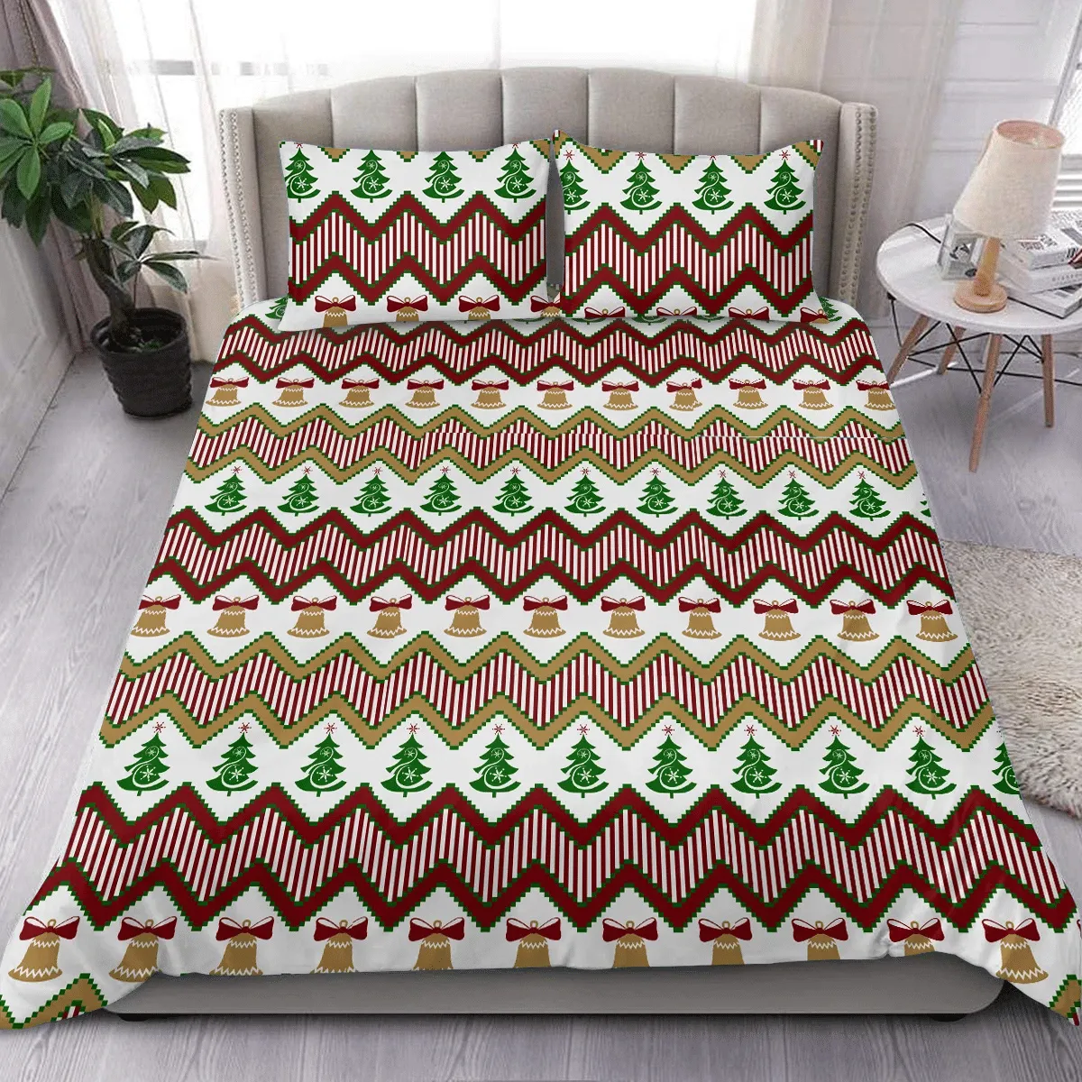Design Geometric Shapes With Trees And Bells Zigzag Pattern Christmas Duvet Cover Bedding Set Bedroom Decor