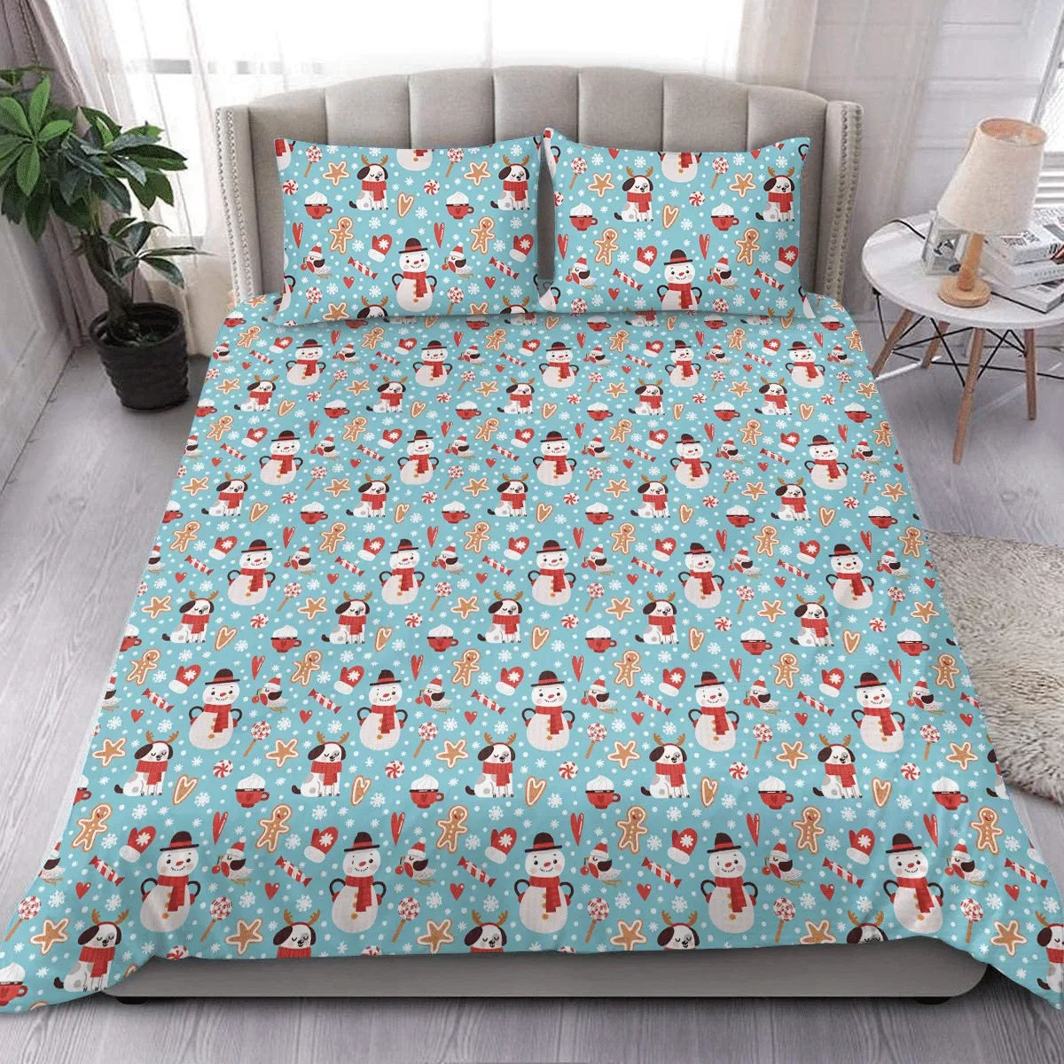 Dog With Snowmen Christmas Duvet Cover Bedding Set Bedroom Decor