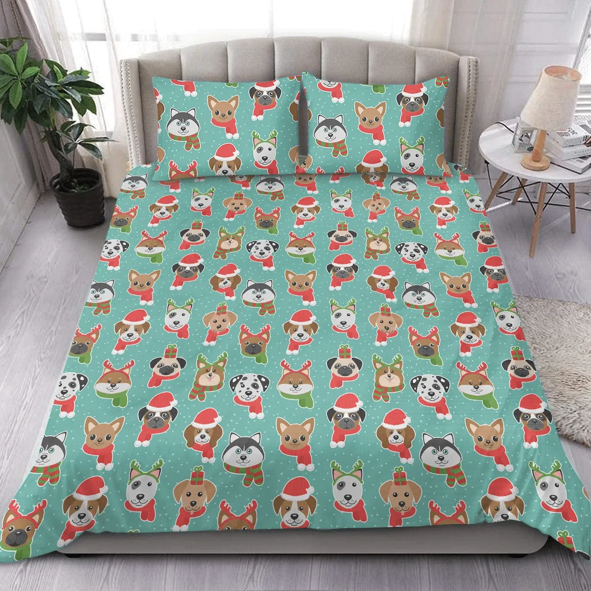 Dogs In Hats And Scarfs Christmas Duvet Cover Bedding Set Bedroom Decor