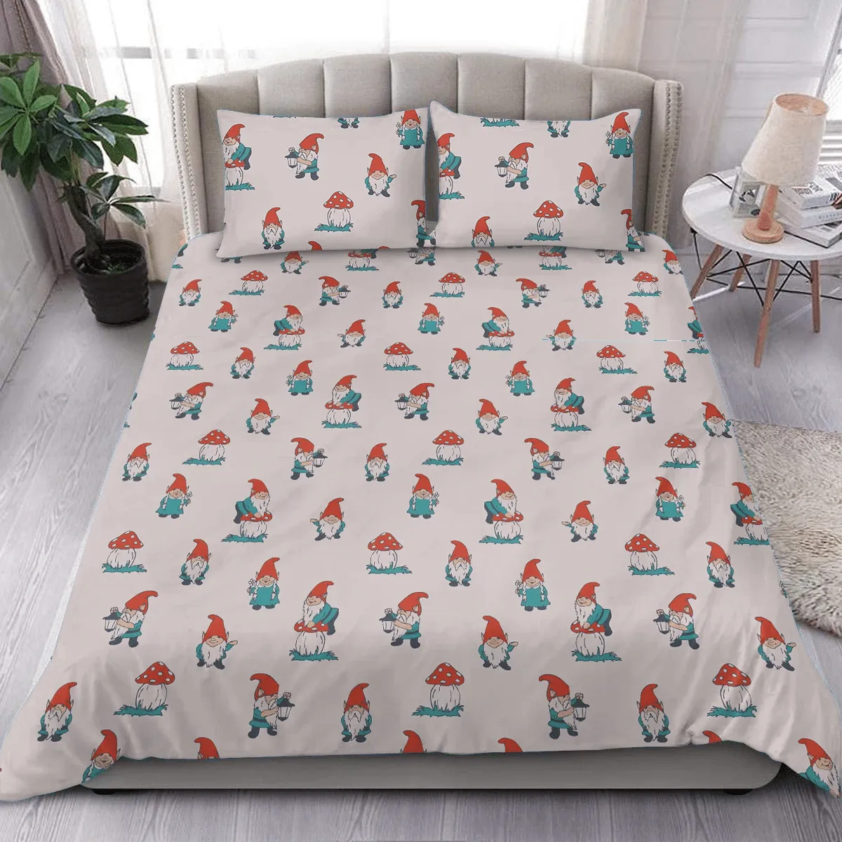 Dream Garden With Gnomes On Red Dot Mushroom Christmas Duvet Cover Bedding Set Bedroom Decor