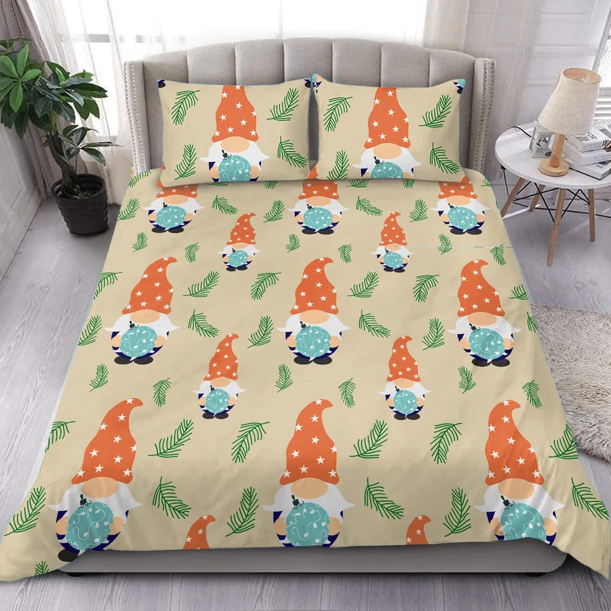 Enticing Fern Gnomes Blue Ornament Illustration Christmas Duvet Cover Bedding Set Bedroom Decor