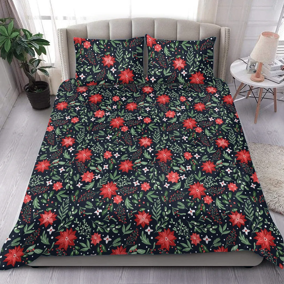 Floral Christmas Poinsettia Duvet Cover Bedding Set Bedroom Decor