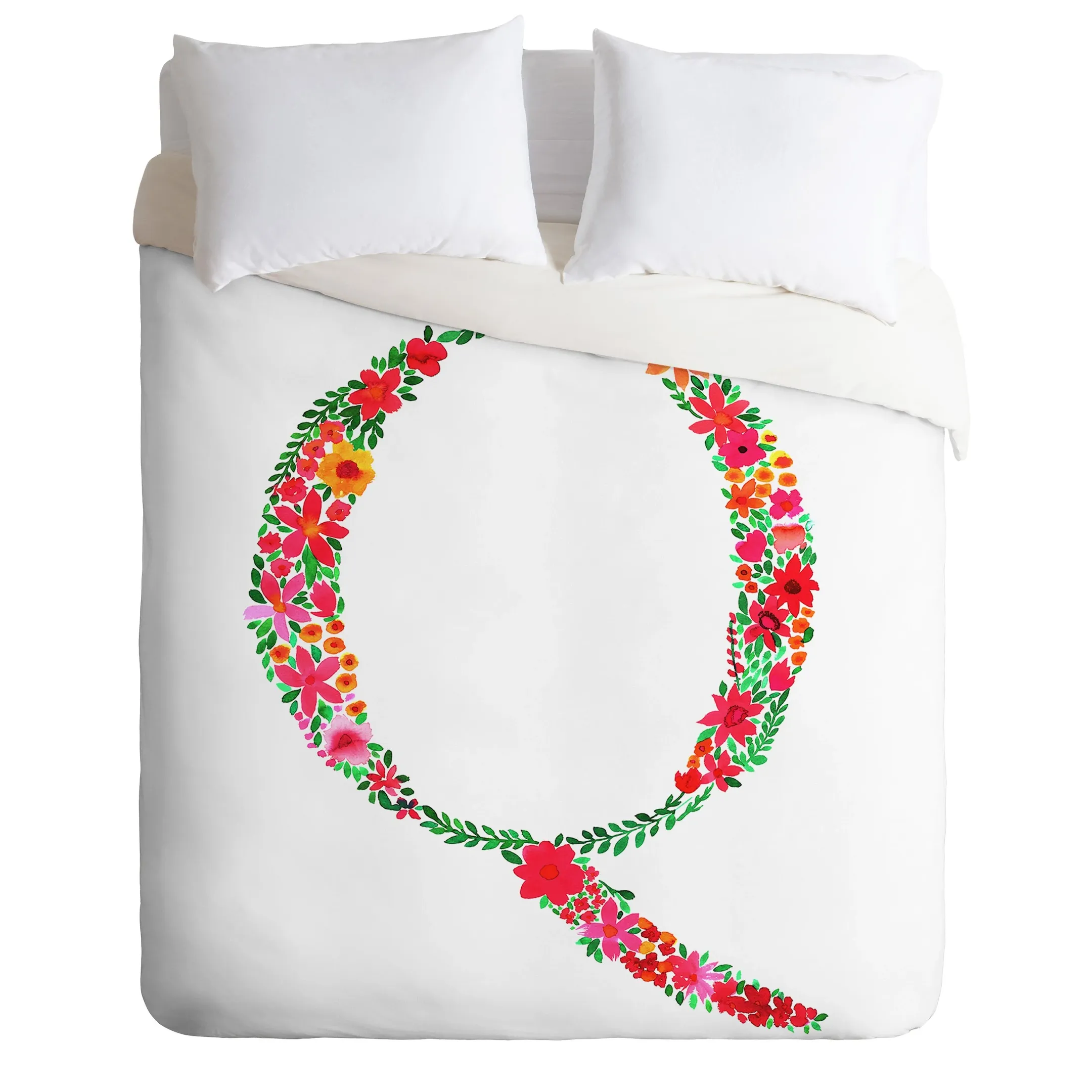 Floral Monogram Letter Q White Background Duvet Cover Bedding Set Bedroom Decor