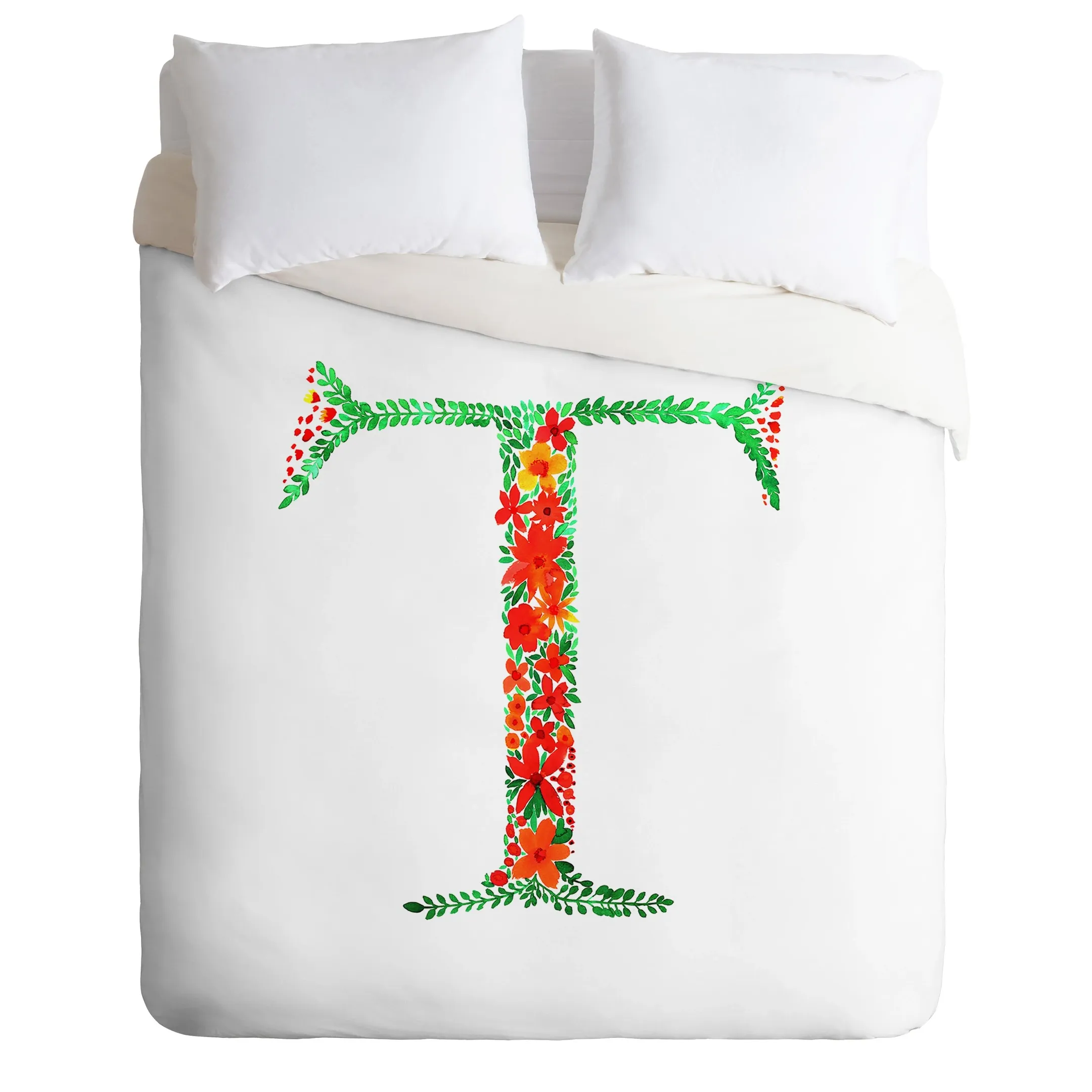 Floral Monogram Letter T Duvet Cover Bedding Set Bedroom Decor