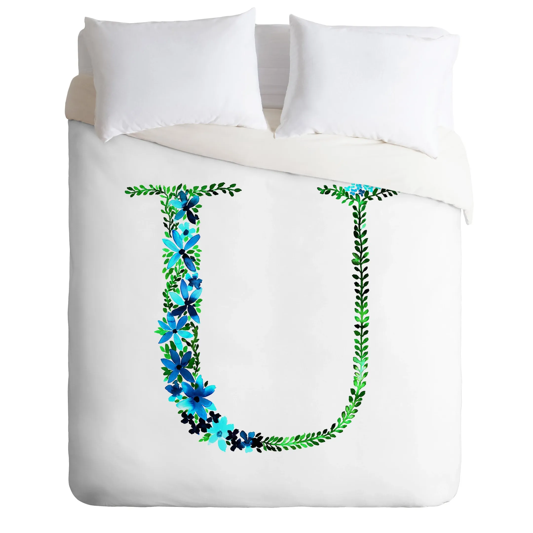 Floral Monogram Letter U White Background Duvet Cover Bedding Set Bedroom Decor