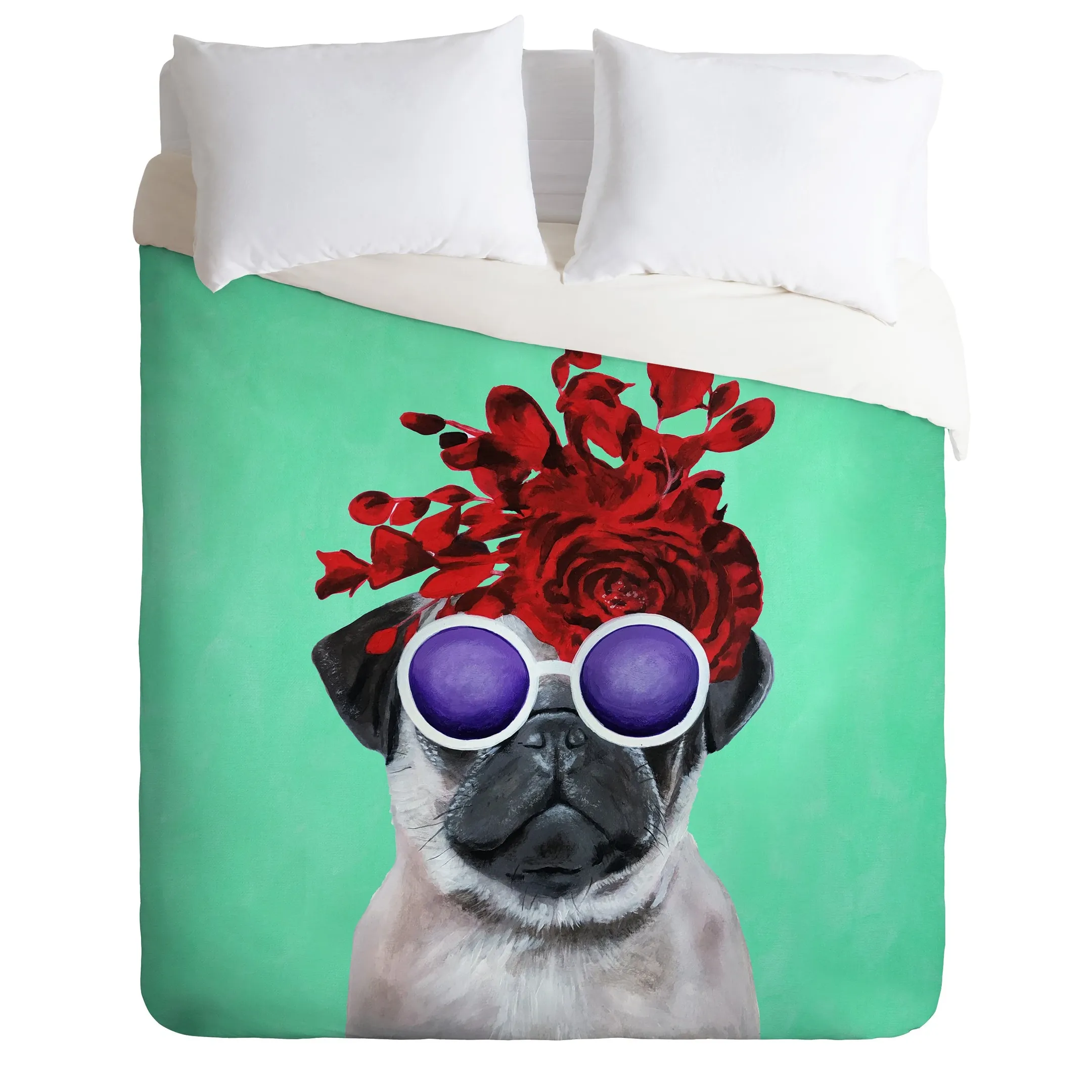 Flower Pug On Turquoise Duvet Cover Bedding Set Bedroom Decor