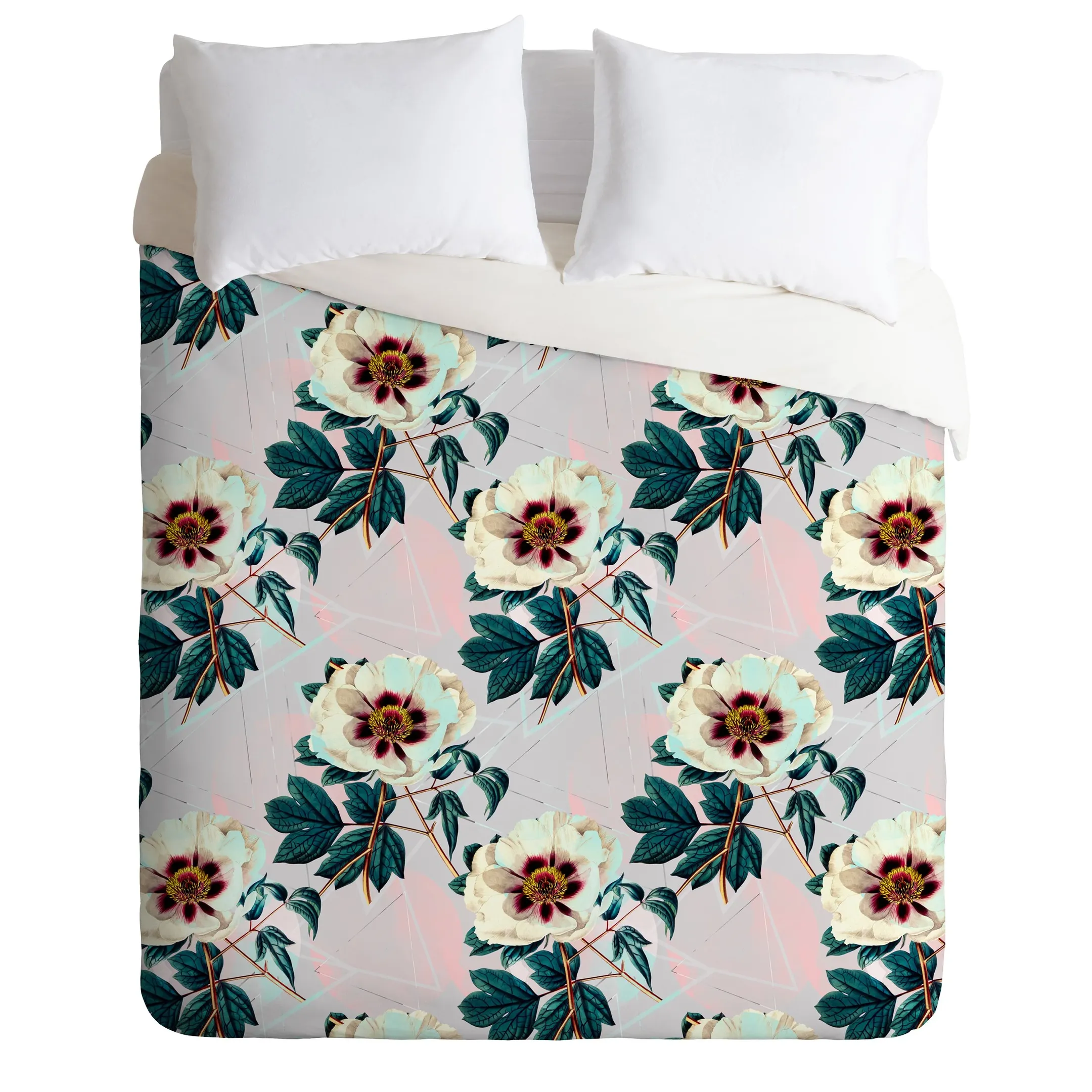 Flowery Blooming With Geometric Duvet Cover Bedding Set Bedroom Decor