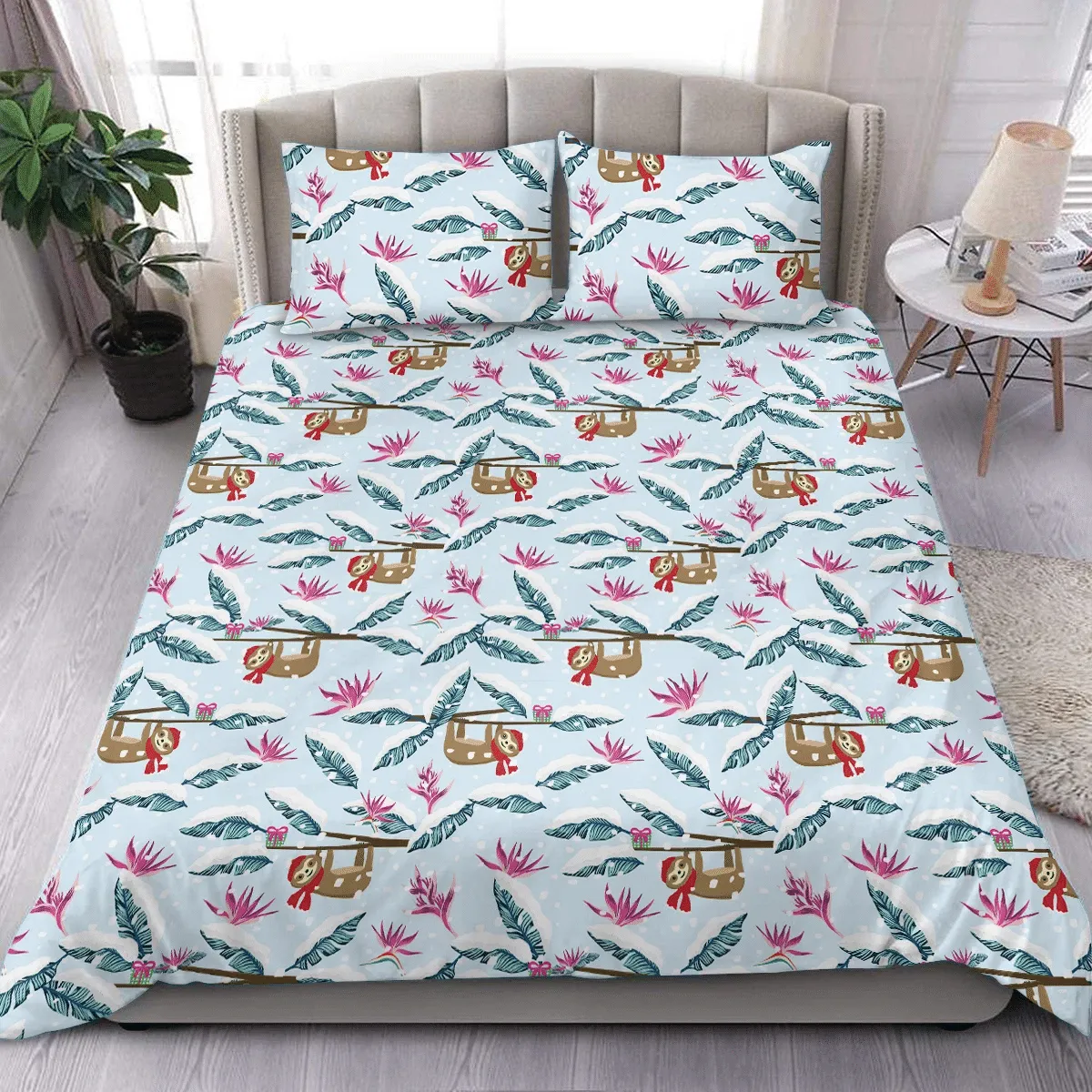 Funny Cartoon Sloth Xmas Gift Box Snowy Tropical Jungle Christmas Duvet Cover Bedding Set Bedroom Decor