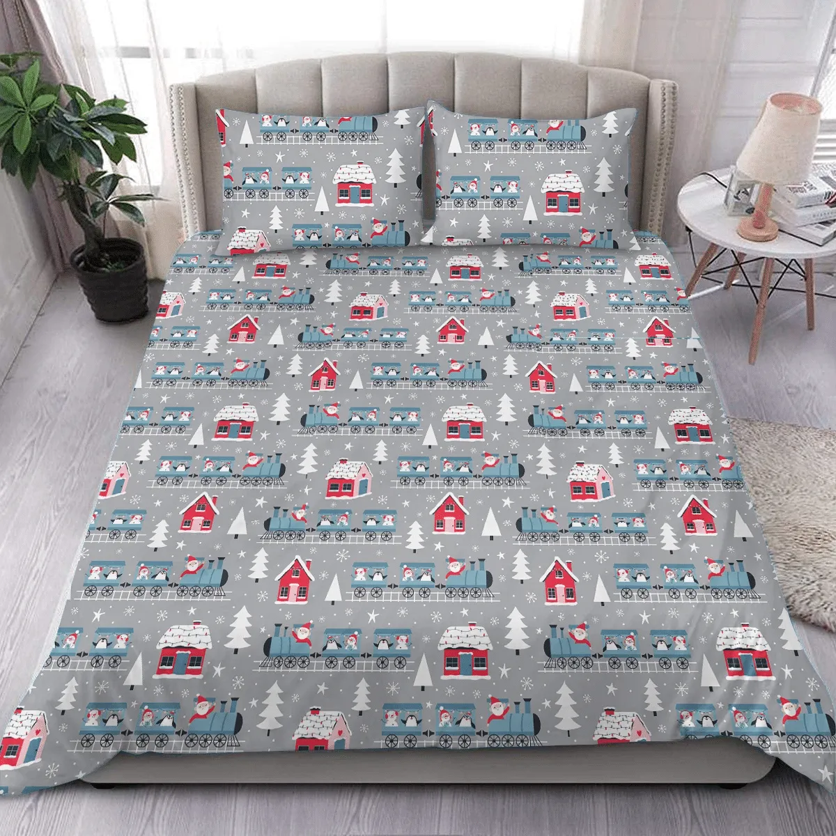 Funny Train With Santa Claus Penguin And Snowman Pattern Christmas Duvet Cover Bedding Set Bedroom Decor