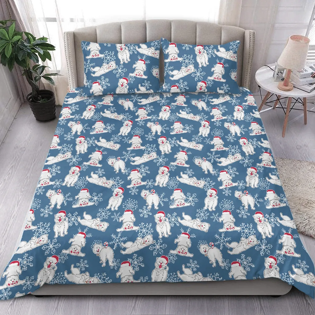 Funny White Dog Christmas Hats Duvet Cover Bedding Set Bedroom Decor