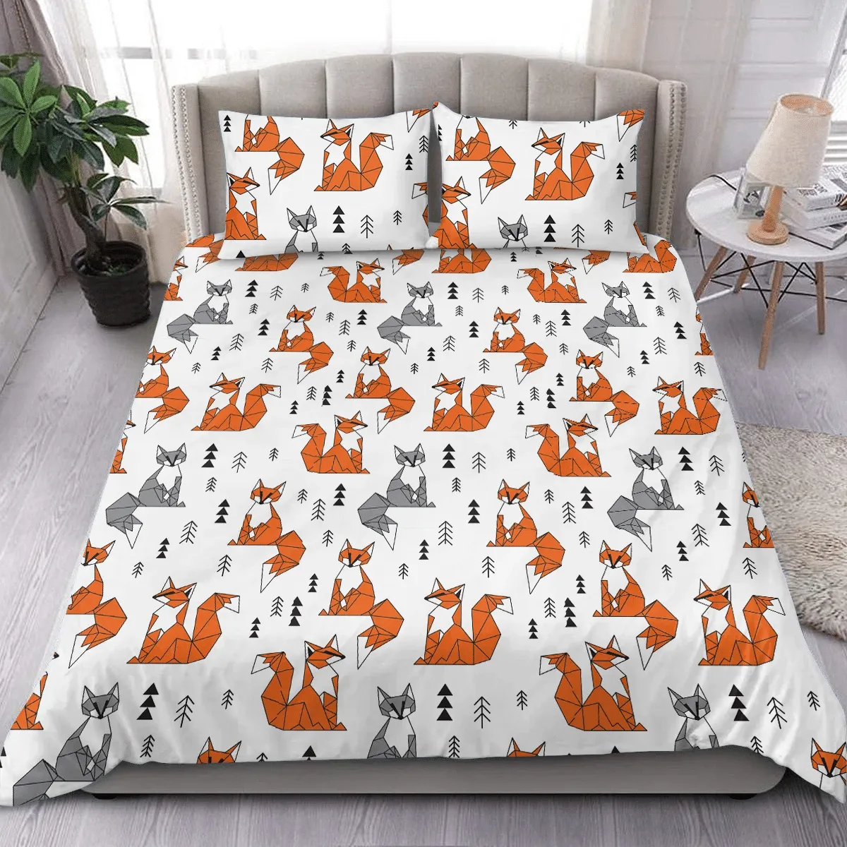 Geometric Fox And Black Tree On White Christmas Duvet Cover Bedding Set Bedroom Decor