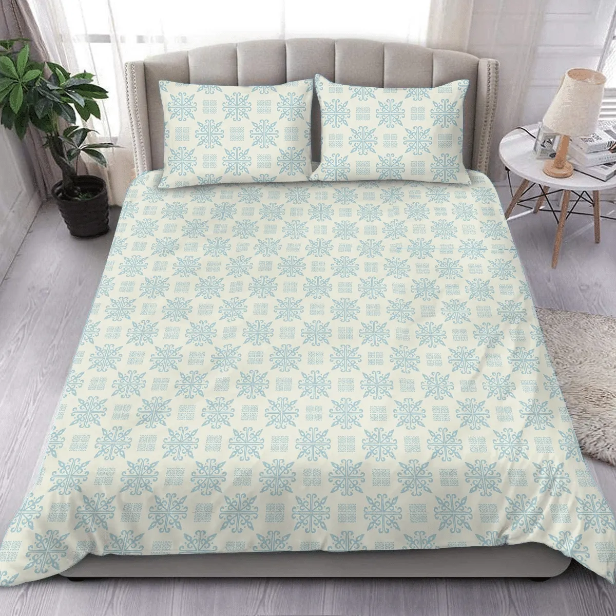 Geometric Snowflakes Spanish Porcelain Oriental Damask Christmas Duvet Cover Bedding Set Bedroom Decor