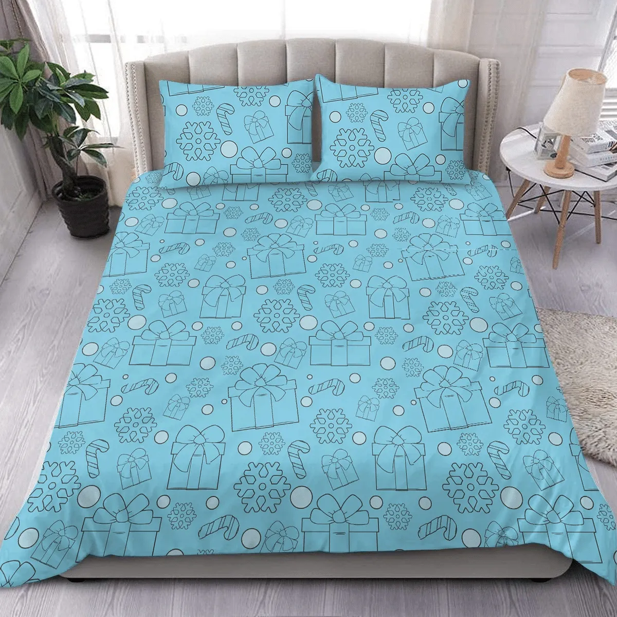 Gift Boxes Candy Canes Snowflakes Pattern Christmas Blue Duvet Cover Bedding Set Bedroom Decor