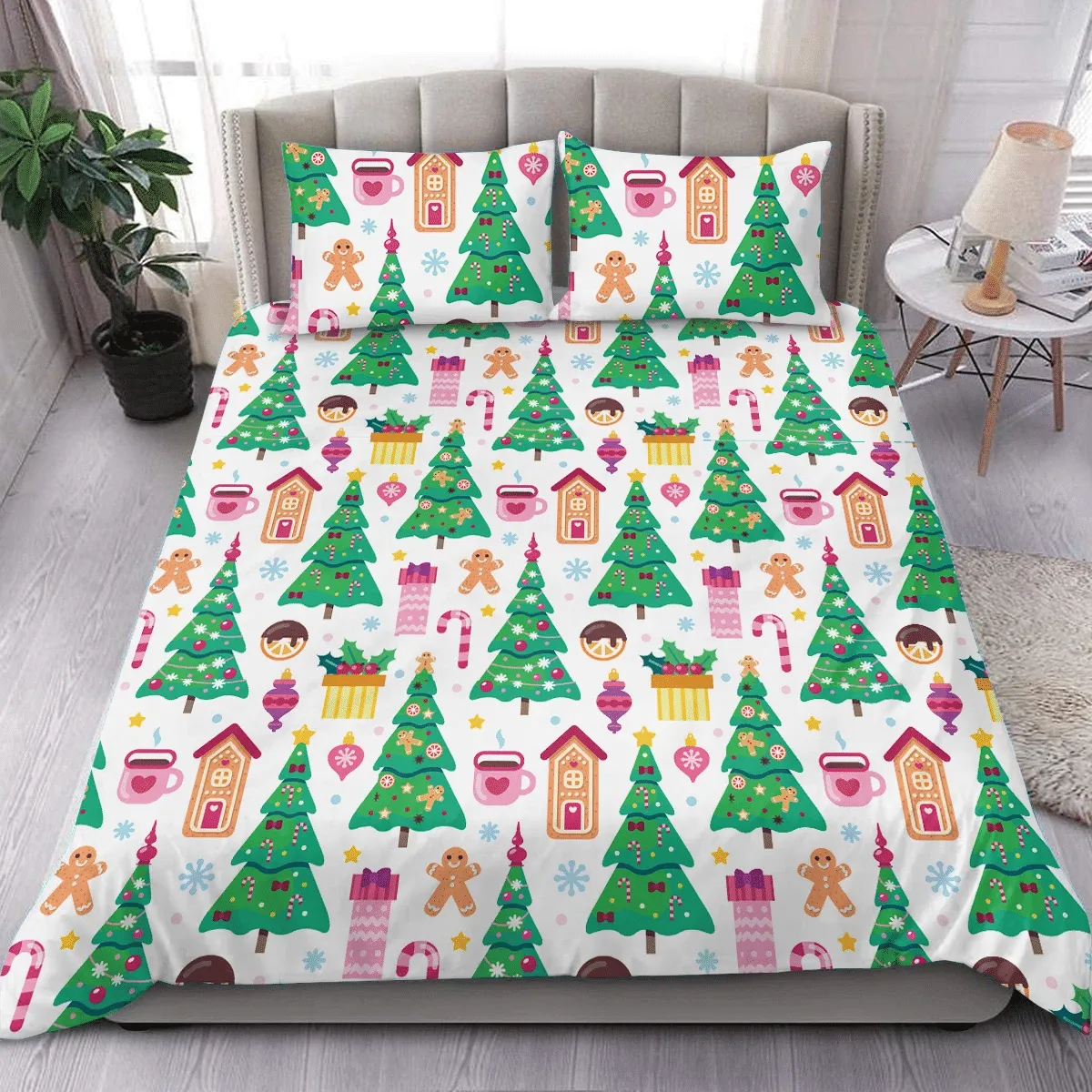 Gingerbread Gift Box Christmas Trees And Cocoa Duvet Cover Bedding Set Bedroom Decor