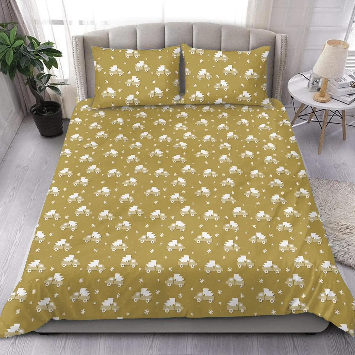 Gold Christmas Pickup Car Pattern With Spruce Tree Truck Clipart Snowflakes Duvet Cover Bedding Set Bedroom Decor