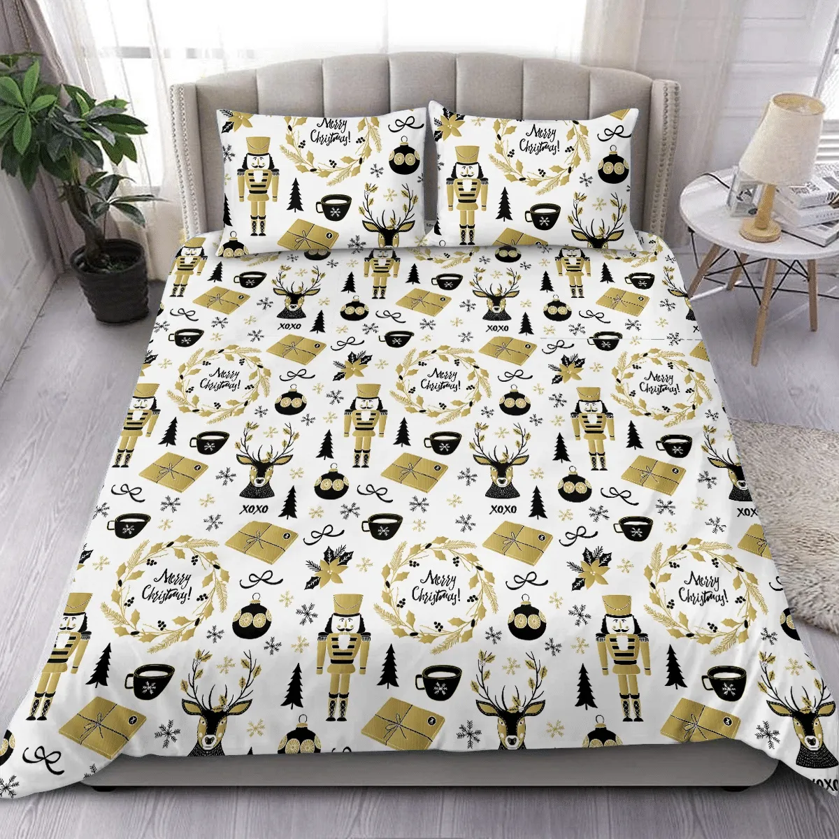 Gold Mistletoe Wreath Deer Gifts Ornament And Nutcracker Christmas Duvet Cover Bedding Set Bedroom Decor