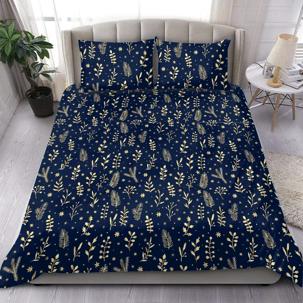 Golden Leaves Branches Berries Floral Illustration On Dark Blue Background Christmas Duvet Cover Bedding Set Bedroom Decor