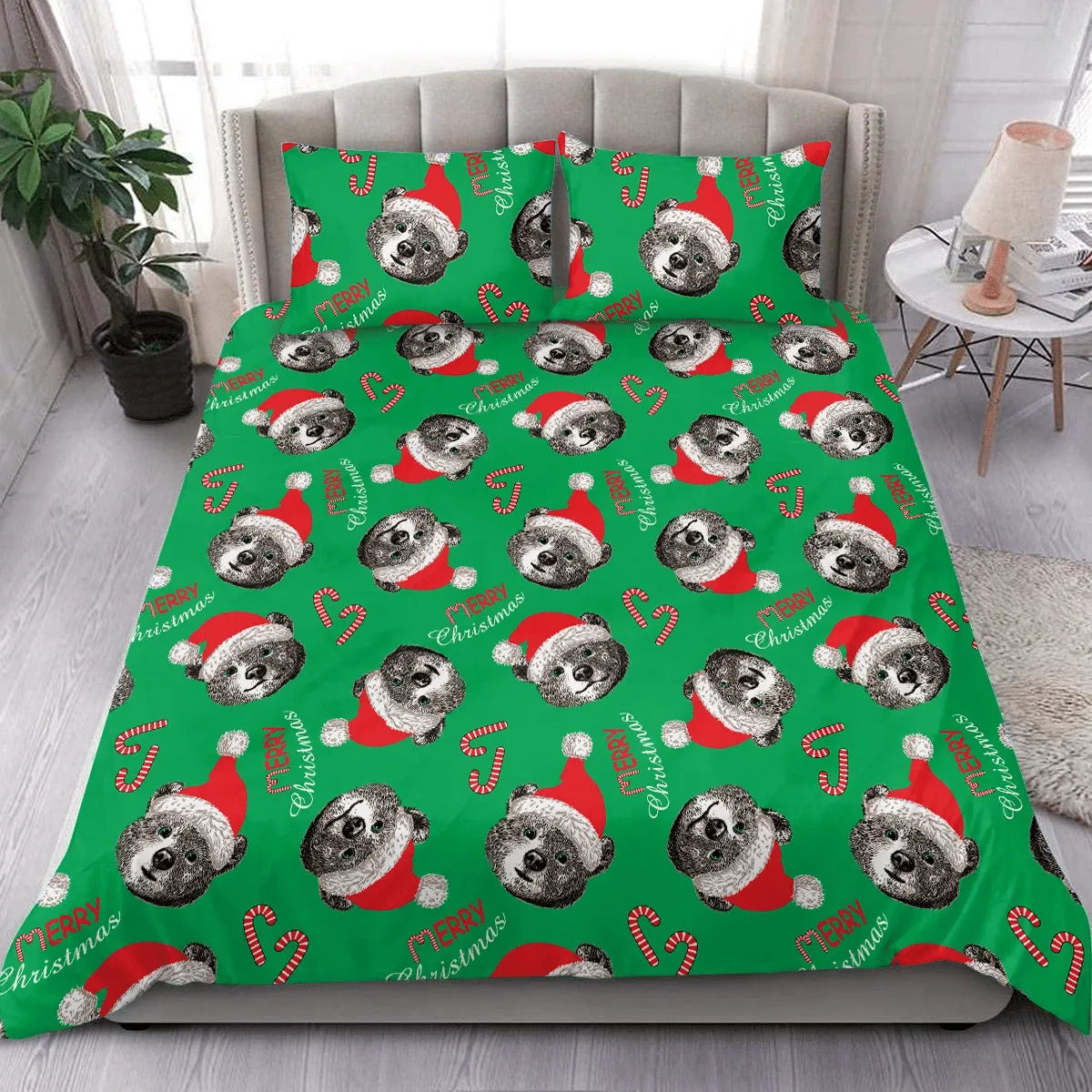 Grizzly Brown Bear Face With Santa Hat Christmas Duvet Cover Bedding Set Bedroom Decor