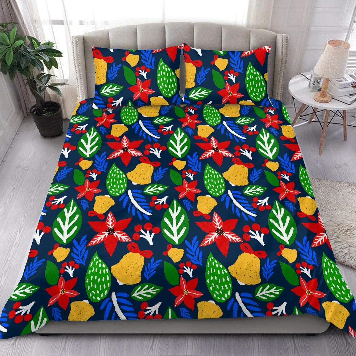 Hand Drawn Red Poinsettia Floral And Christmas Bell Duvet Cover Bedding Set Bedroom Decor