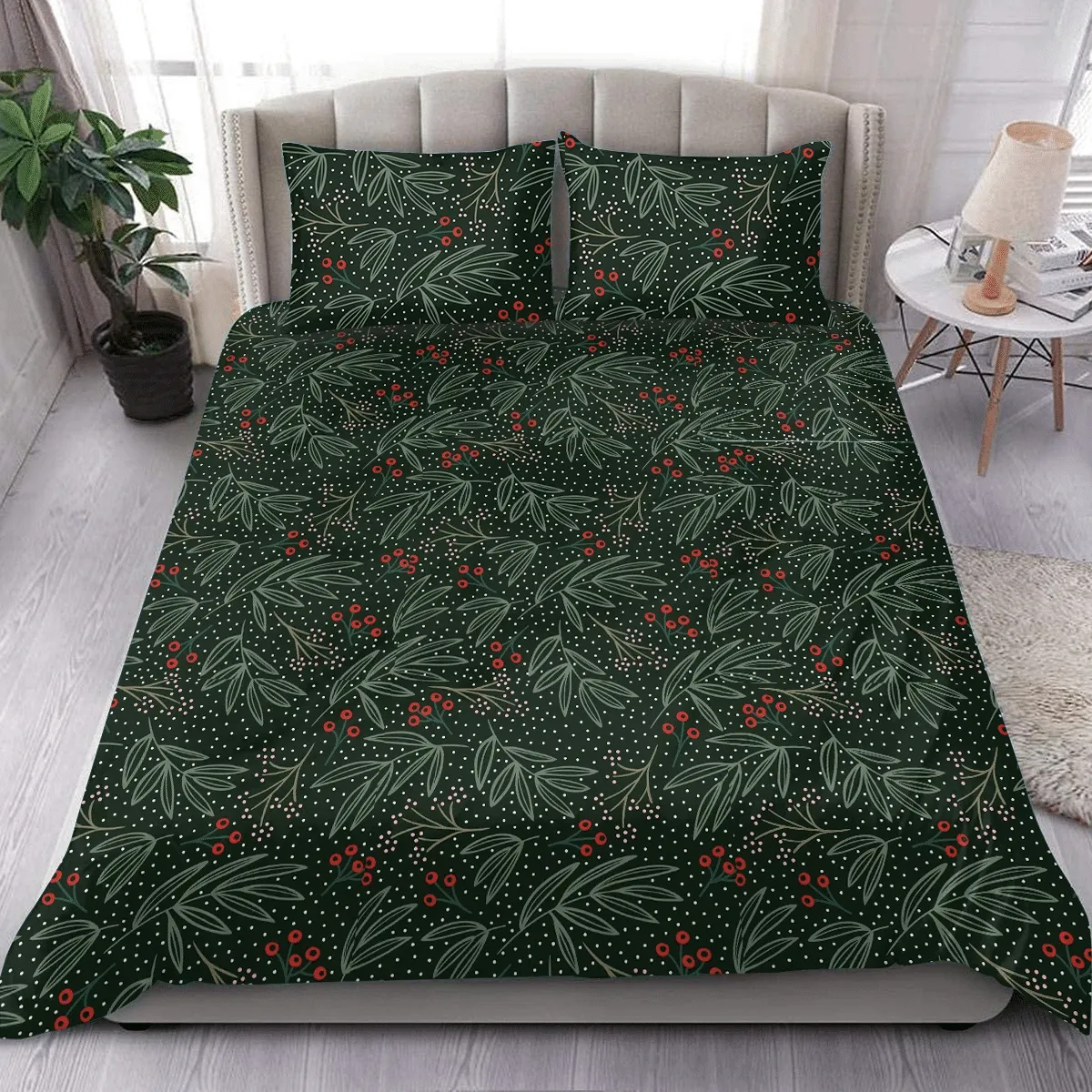 Hand-illusrtated Retro Christmas Holiday Floral Berries Duvet Cover Bedding Set Bedroom Decor
