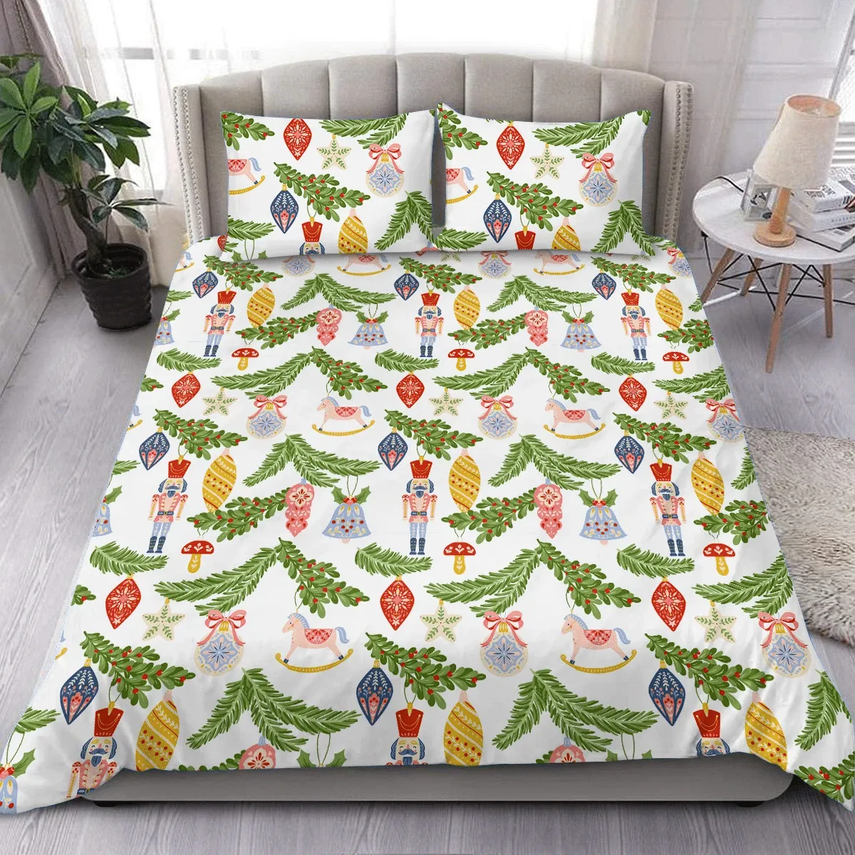 Hanging Christmas Ornaments On Christmas Tree Branches White Background Duvet Cover Bedding Set Bedroom Decor