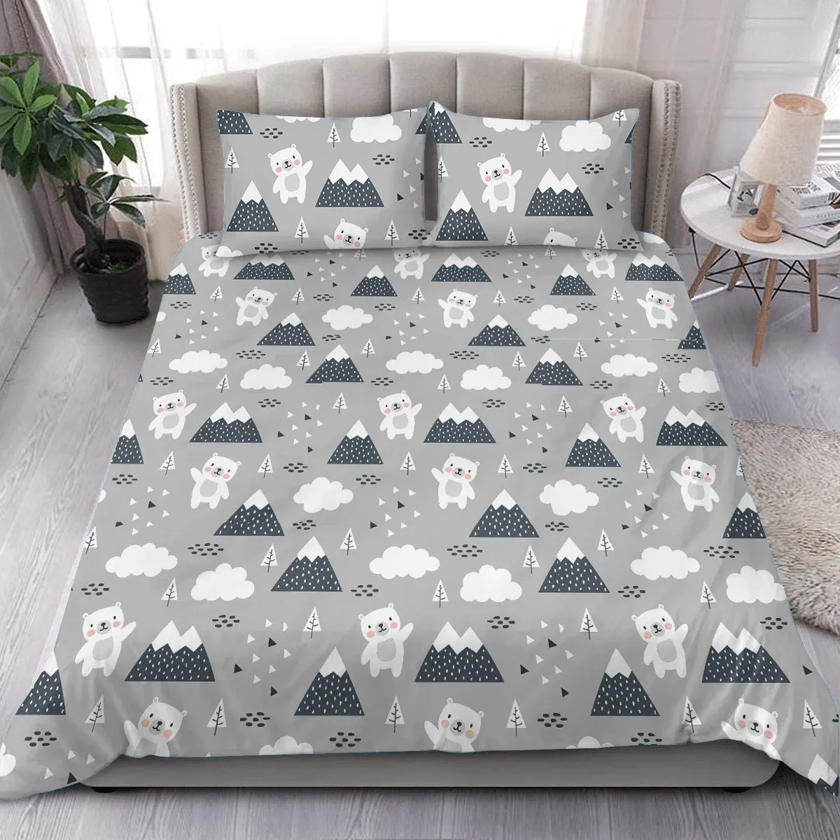 Happy Cute Bear In The Forest Between Mountain Tree And Cloud Christmas Duvet Cover Bedding Set Bedroom Decor