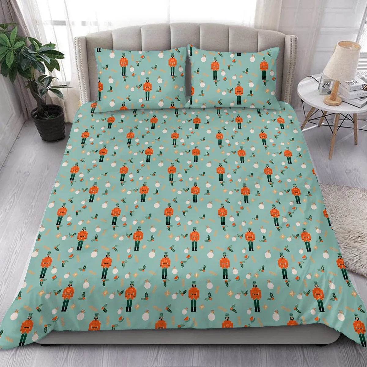 Happy New Year Xmas With Cute Nutcracker Blue Background Christmas Duvet Cover Bedding Set Bedroom Decor