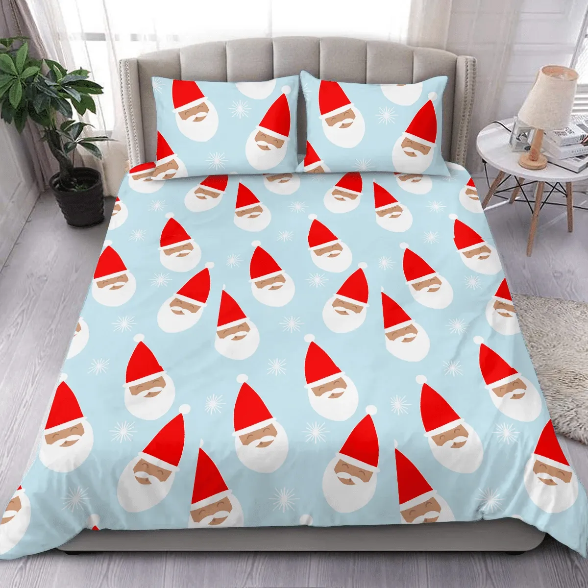 Happy Santa With Red Christmas Hat And Snowflake Duvet Cover Bedding Set Bedroom Decor