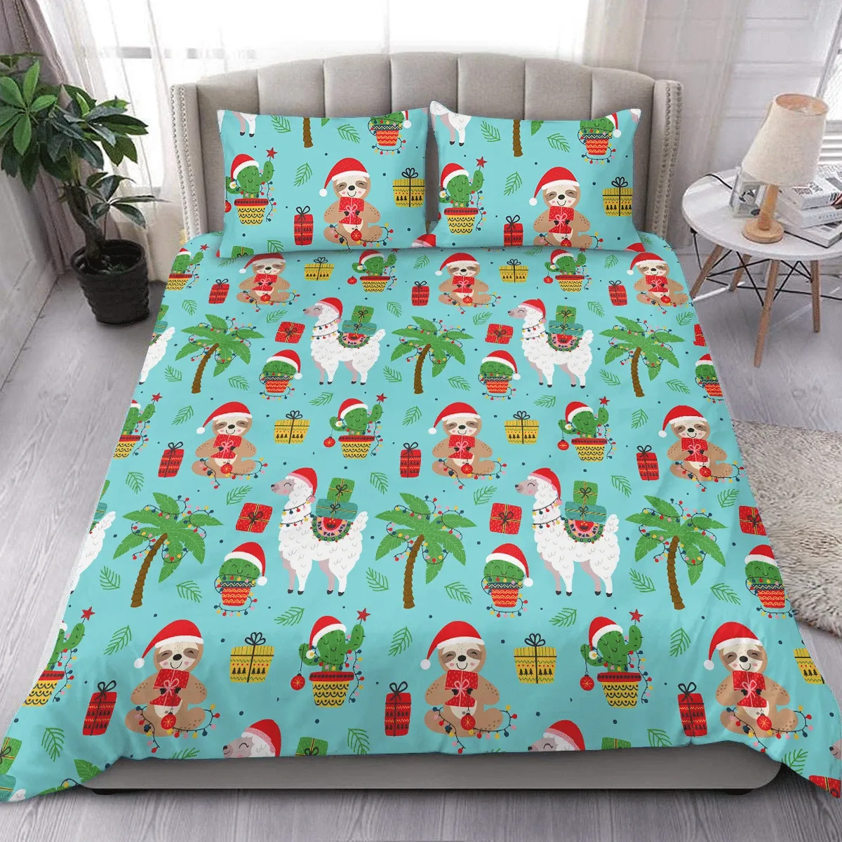 Happy Sloth With Gift And Cute Christmas Cactus Duvet Cover Bedding Set Bedroom Decor