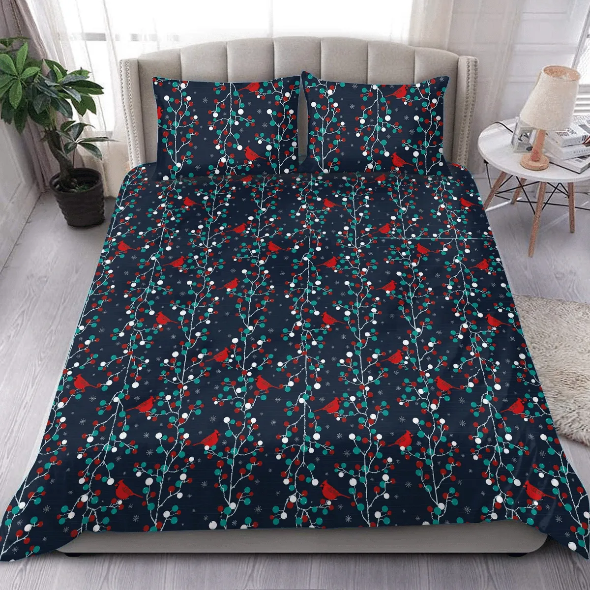 Holly Berries Cardinal Christmas Duvet Cover Bedding Set Bedroom Decor