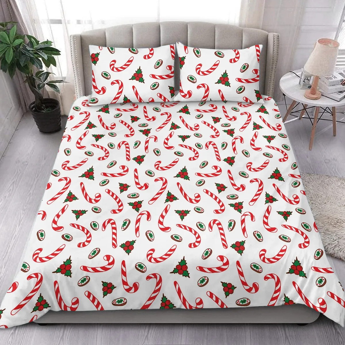 Holly Christmas Candy Cane And Cookies Duvet Cover Bedding Set Bedroom Decor