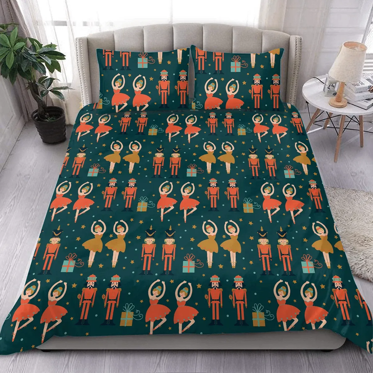 Illustrated Nutcrackers Stars Boxes And Ballerina Christmas Duvet Cover Bedding Set Bedroom Decor