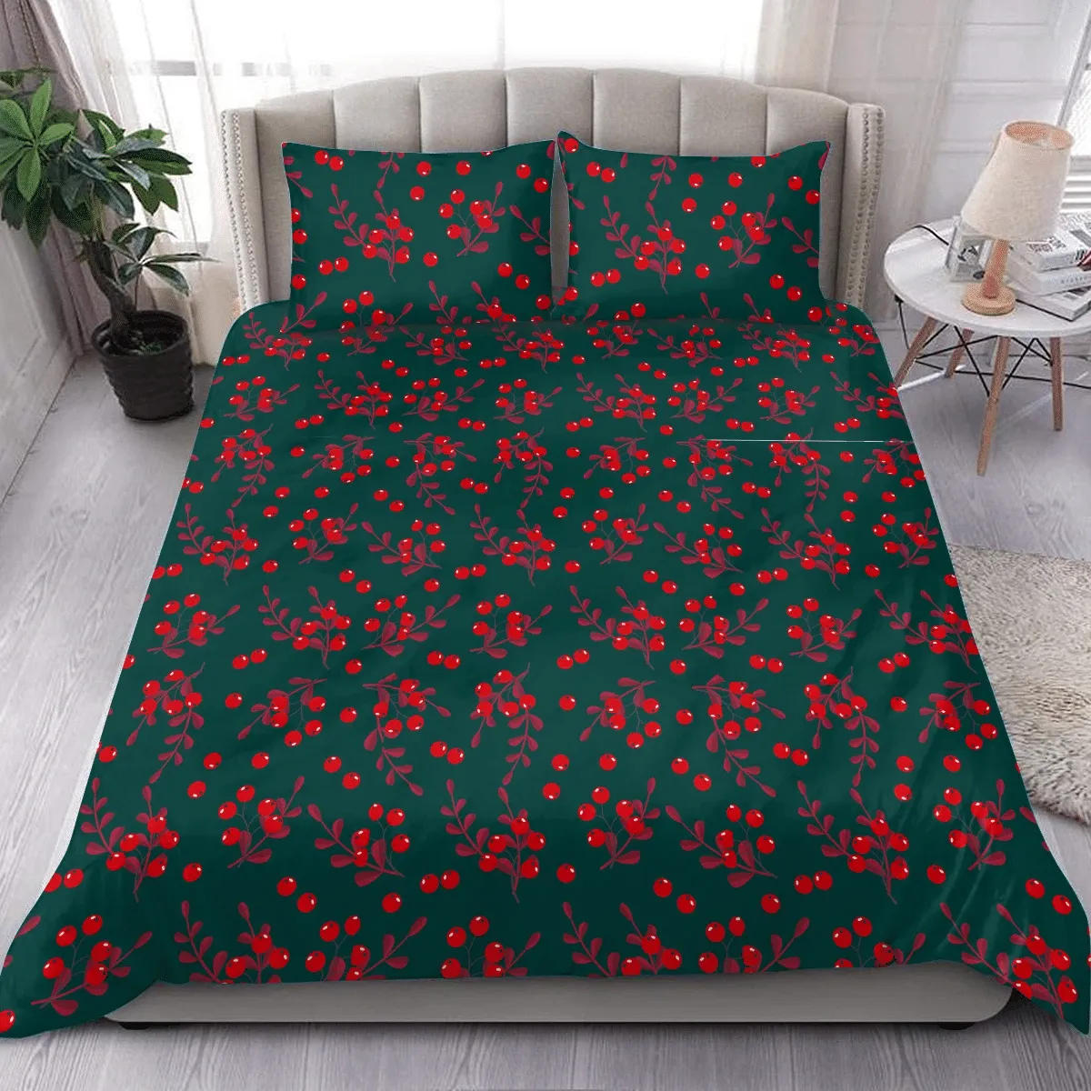 Juicy Fruit Red Berries And Floral Pattern On Dark Background Christmas Duvet Cover Bedding Set Bedroom Decor