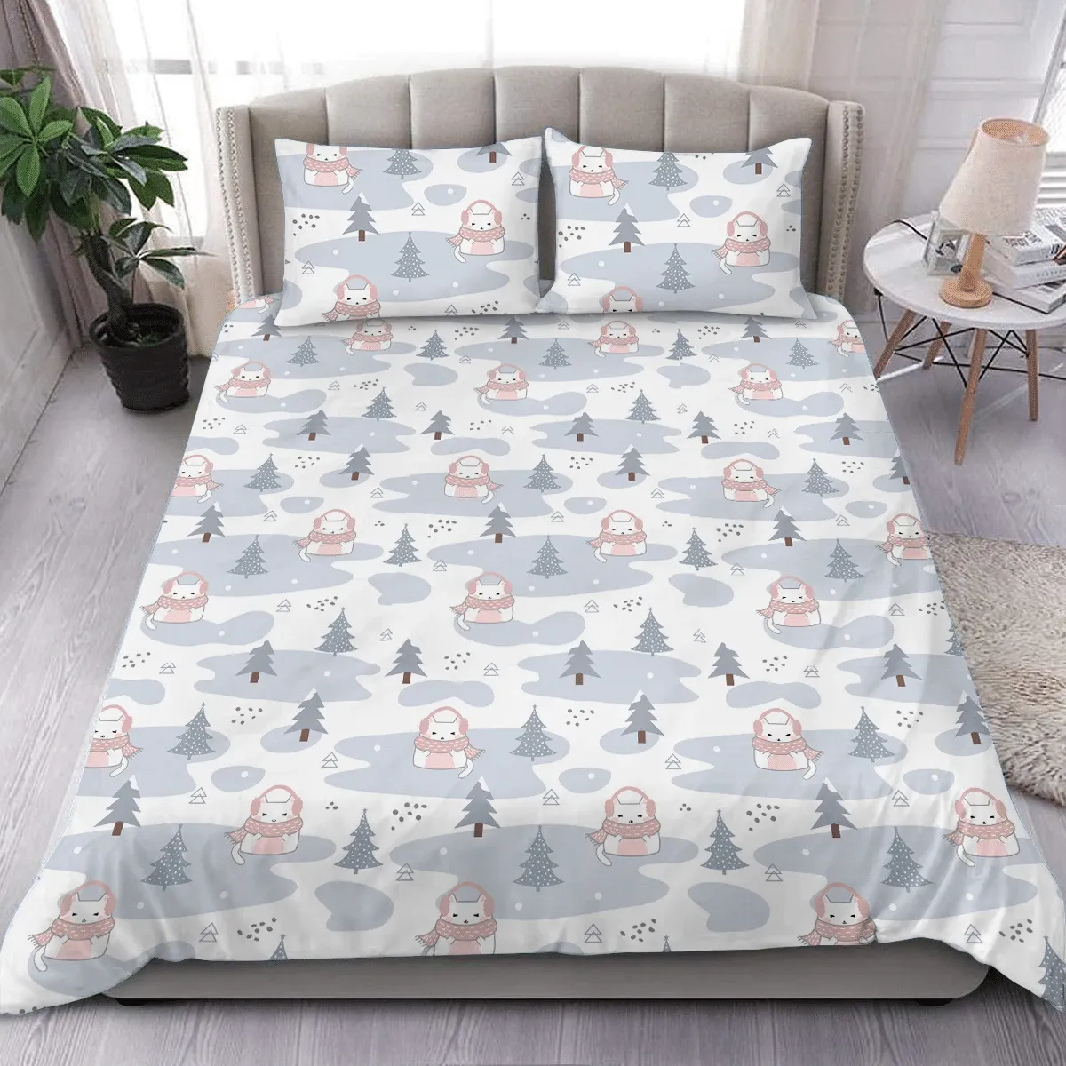 Kawaii Cats In Forest Tree Winter Cartoon Christmas Duvet Cover Bedding Set Bedroom Decor