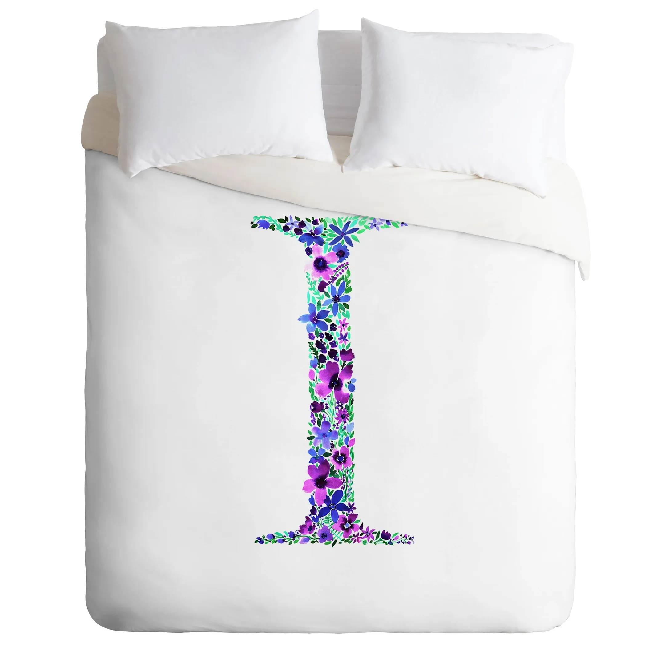 Letter I Floral Monogram Duvet Cover Bedding Set Bedroom Decor