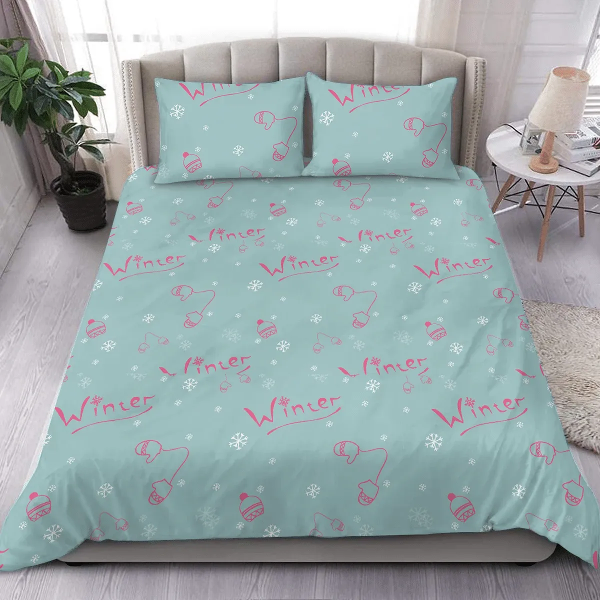 Lettering Pink Script Winter Mittens And Snowflakes Christmas Duvet Cover Bedding Set Bedroom Decor