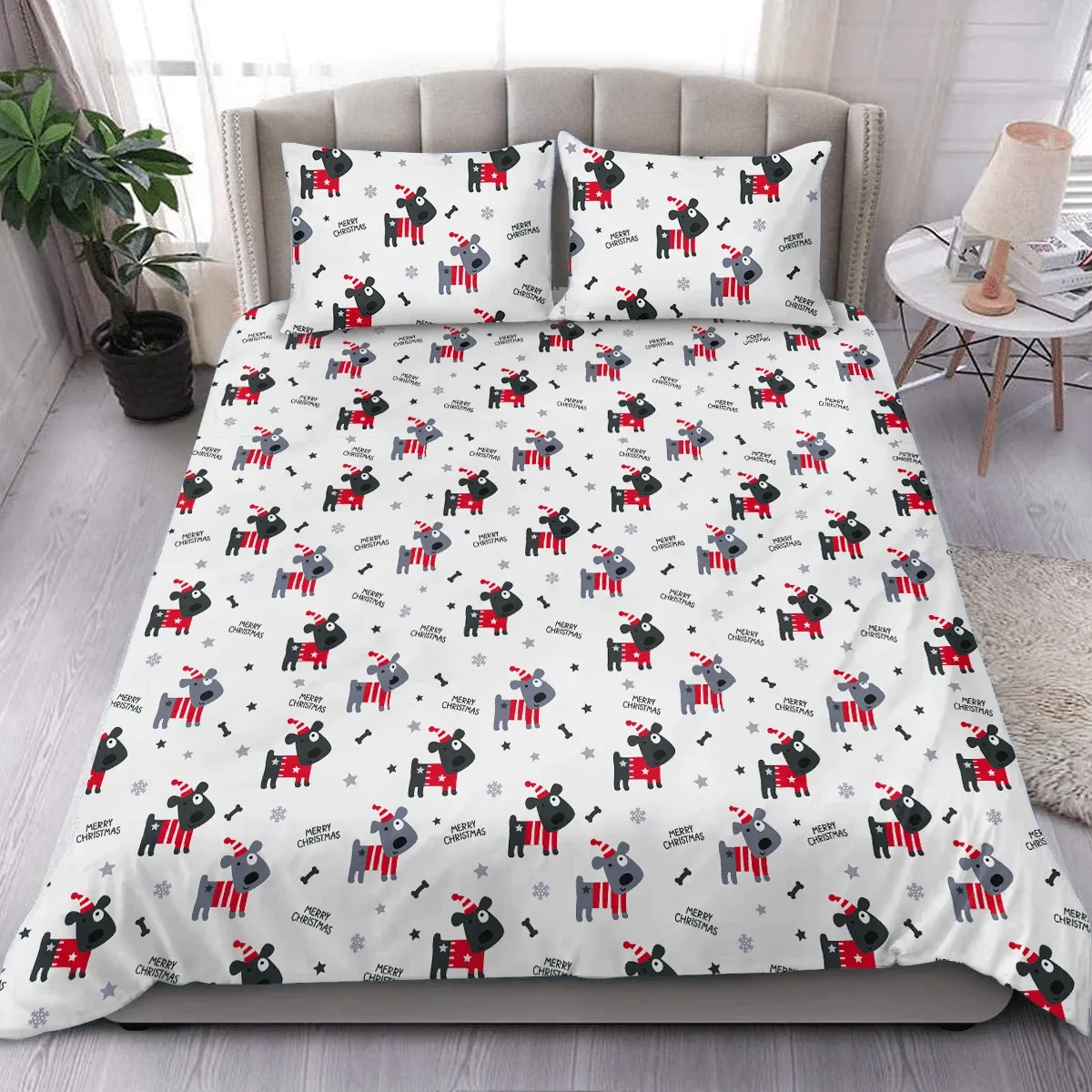 Little Grey Dogs Christmas Duvet Cover Bedding Set Bedroom Decor