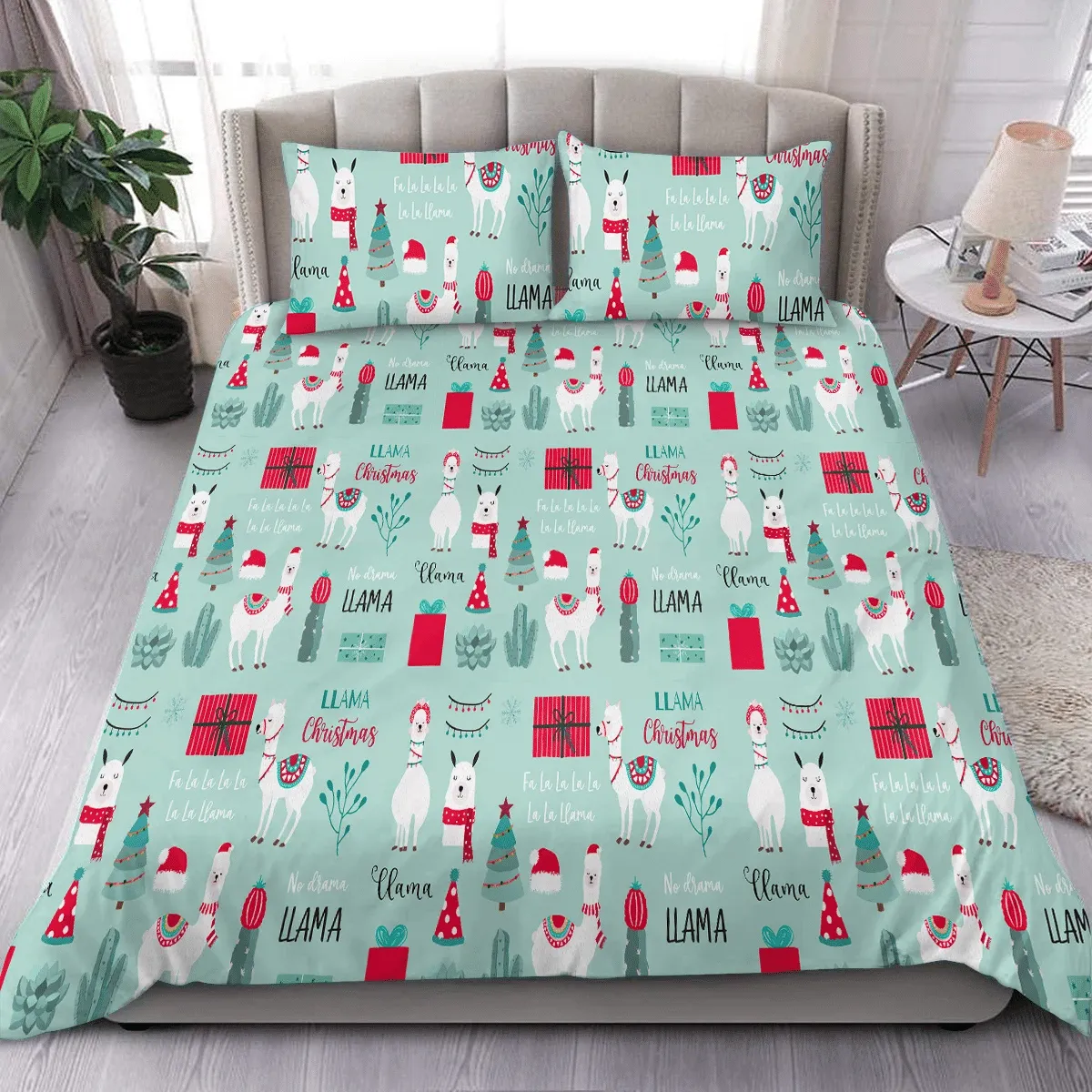 Llama Christmas With Gifts And Cactus Trees Duvet Cover Bedding Set Bedroom Decor