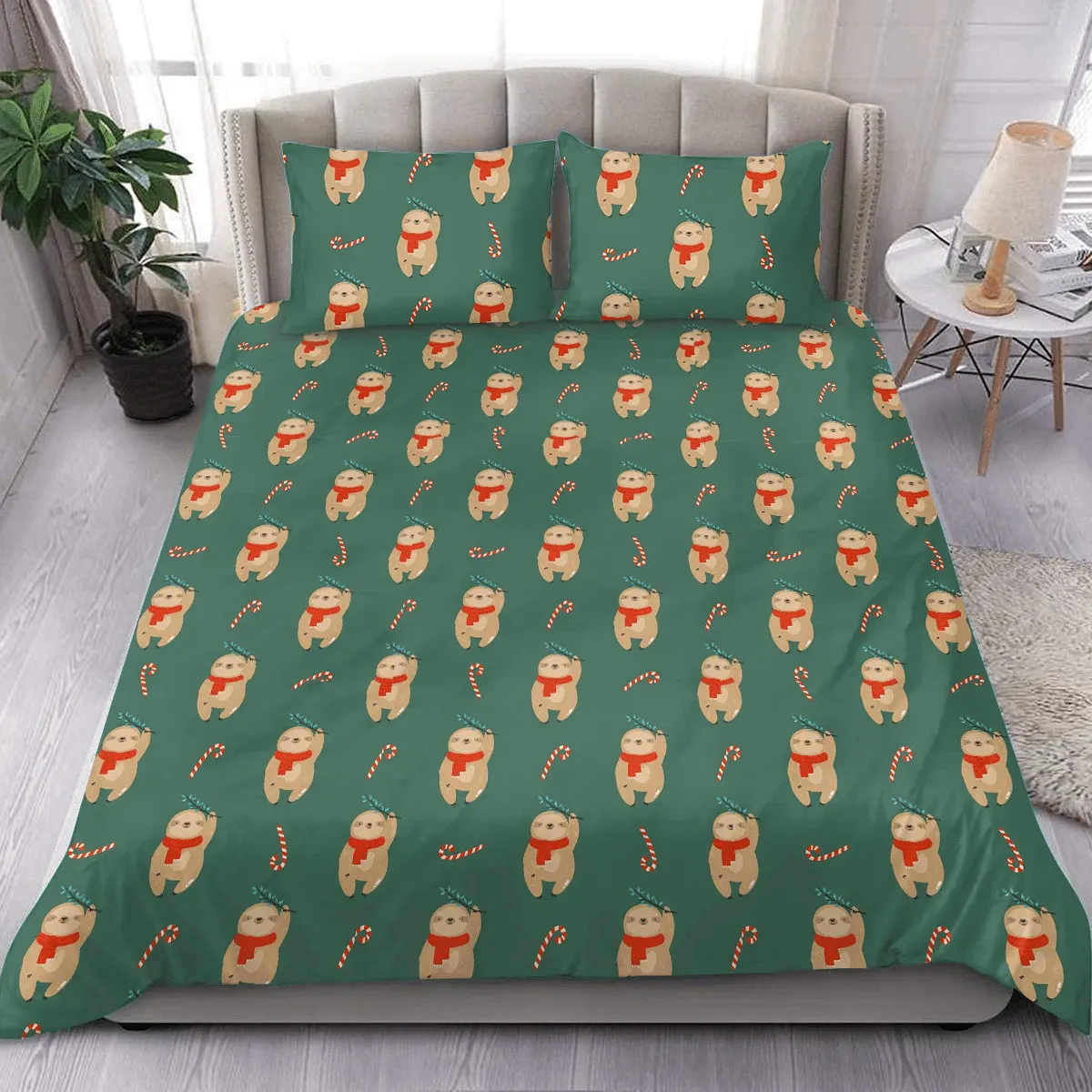 Lovely Sloth Wear Christmas Scarf And Candy Cane Duvet Cover Bedding Set Bedroom Decor