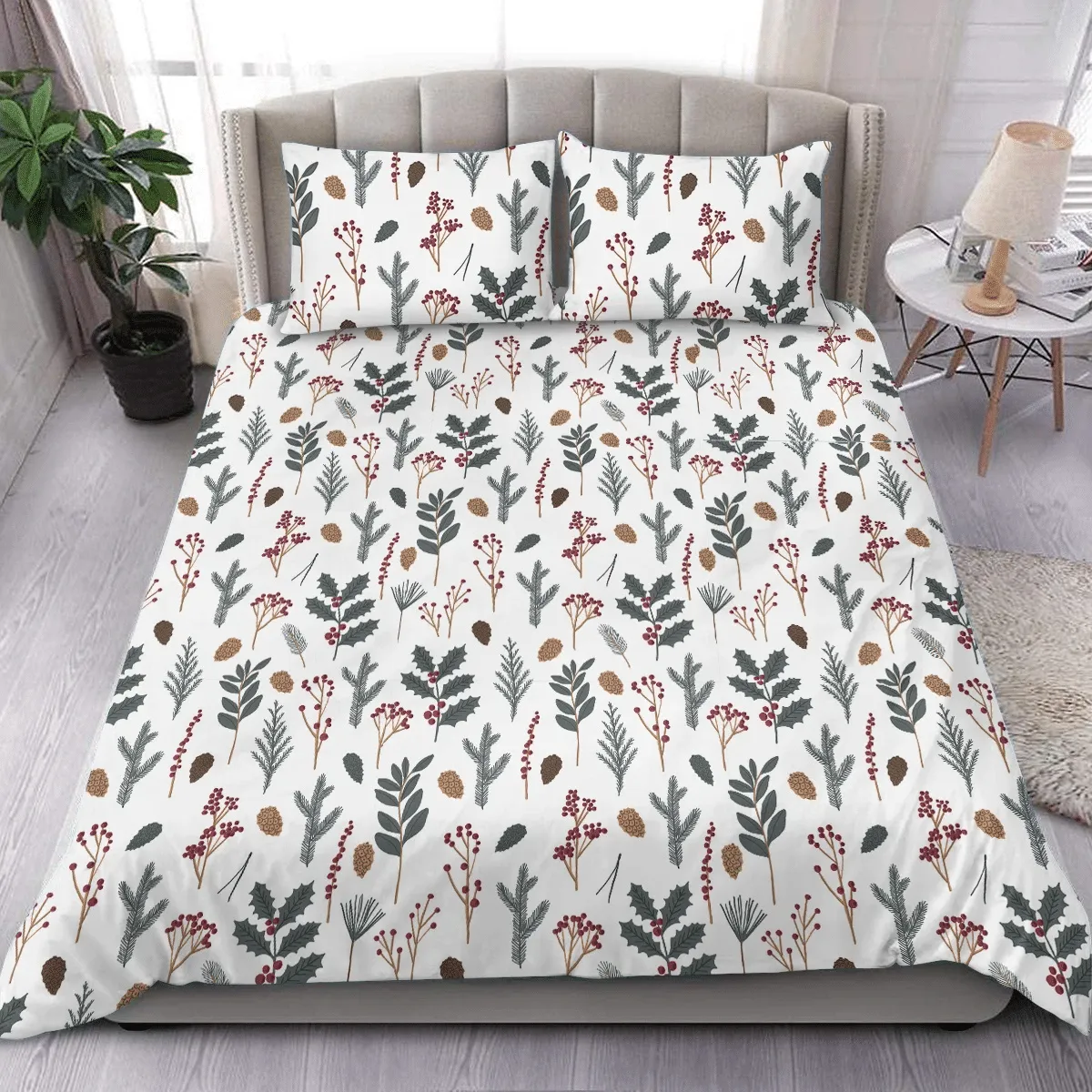 Magical Christmas Flowers Cones And Holly Berries Duvet Cover Bedding Set Bedroom Decor