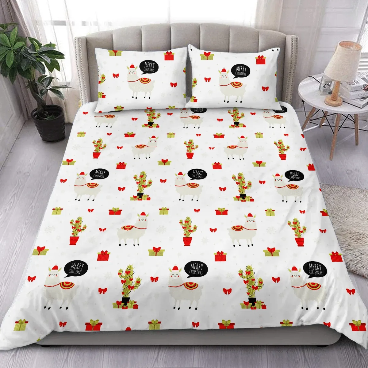 Merry Christmas Cartoon Llama Cactus And Gift Boxes Duvet Cover Bedding Set Bedroom Decor