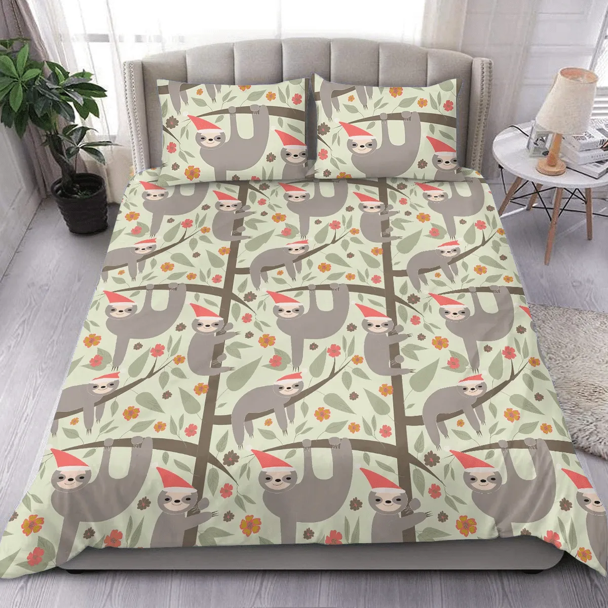 Merry Christmas Funny Sloths In Santa Hat Hanging On Tree Duvet Cover Bedding Set Bedroom Decor