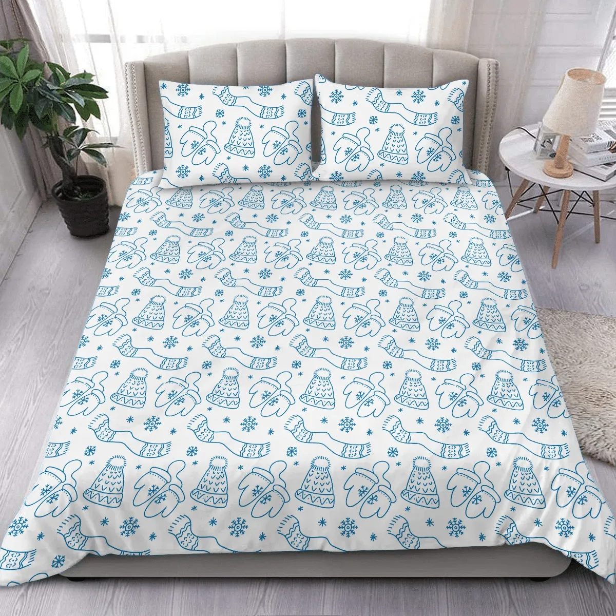 Merry Christmas Holiday Outline Winter Scarf And Gloves Pattern Duvet Cover Bedding Set Bedroom Decor